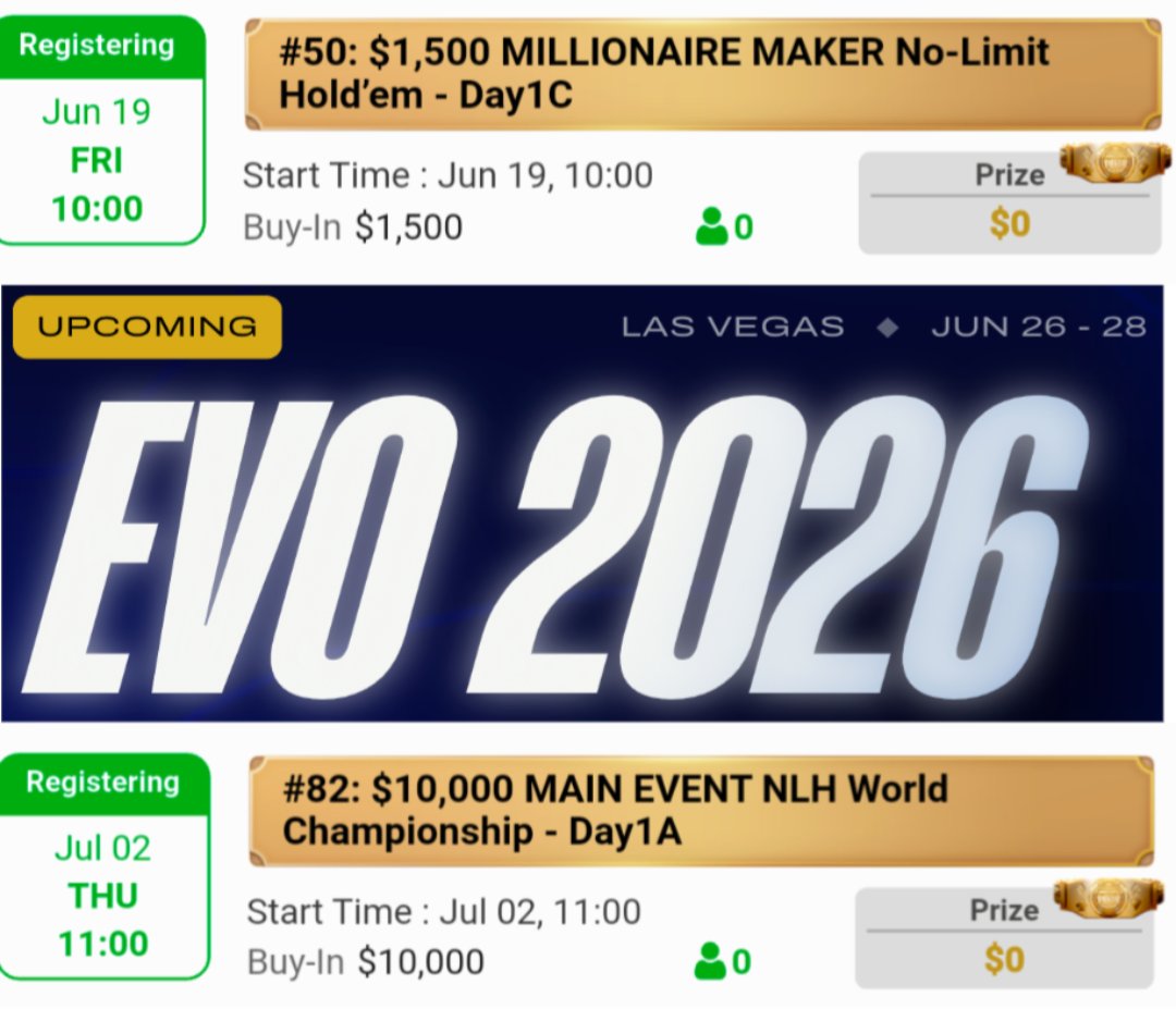 今年はWSOP期間中にEVOが開催されるぞ！
ミリオネアメーカーとメインイベントでEVOをサンドイッチや〜
#evo2026 #evo
#wsop #wsop2026