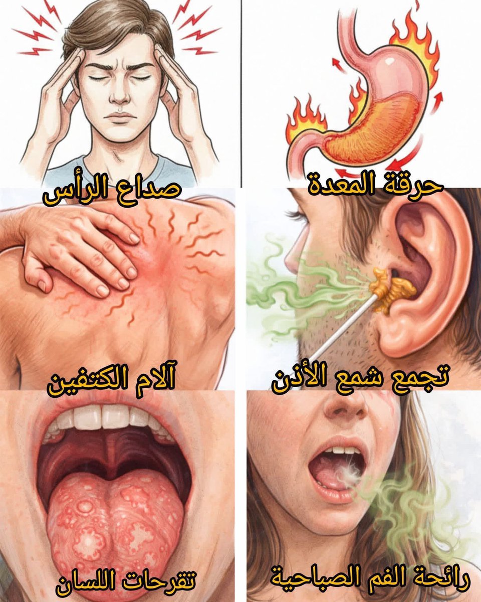 Heart133_'s tweet photo. أسباب شائعة لآلامك اليومية وكيف تعالجها طبيعيًا
🔴 حرقة المعدة
✅ الأسباب
1- الإفراط في الأكل
2- الأطعمة الدسمة والحارة
3- النوم بعد الأكل مباشرة
4- التوتر

✅ طرق طبيعية للتخفيف
1- تناول وجبات صغيرة
2- تجنب المقليات والبهارات
3- عدم الاستلقاء بعد الأكل
4- شرب الزنجبيل أو البابونج الدافئ

🔴 صداع الرأس
✅ الأسباب
1- الجفاف
2- قلة النوم
3- التوتر
4- انخفاض سكر الدم

✅ طرق طبيعية للتخفيف
1- شرب كمية كافية من الماء
2- الراحة في مكان هادئ
3- تنظيم النوم
4- تناول وجبات متوازنة

🔴 تجمع شمع الأذن
✅ الأسباب
1- استخدام أعواد القطن بشكل خاطئ
2- إفراز زائد للشمع
3- تضيق قناة الأذن
4- استخدام السماعات لفترات طويلة

✅ طرق طبيعية للتخفيف
1- تجنب إدخال أعواد داخل الأذن
2- تنظيف خارجي لطيف فقط
3- استخدام قطرات زيت دافئ بلطف (بعد استشارة)
4- مراجعة مختص عند الانسداد الشديد

🔴 آلام الكتفين
✅ الأسباب
1- الجلوس بوضعية خاطئة
2- حمل أوزان ثقيلة
3- التوتر العضلي
4- قلة الحركة

✅ طرق طبيعية للتخفيف
1- تمارين إطالة خفيفة
2- تصحيح وضعية الجلوس
3- كمادات دافئة
4- تدليك خفيف للعضلات

🔴 رائحة الفم الصباحية
✅ الأسباب
1- جفاف الفم أثناء النوم
2- تراكم البكتيريا
3- قلة تنظيف اللسان
4- مشاكل في اللثة

✅ طرق طبيعية للتخفيف
1- تنظيف الأسنان واللسان جيدًا
2- شرب الماء صباحًا
3- استخدام السواك أو غسول طبيعي
4- معالجة مشاكل اللثة إن وجدت

🔴 تقرحات اللسان
✅ الأسباب
1- نقص بعض الفيتامينات
2- التوتر
3- عضّ اللسان
4- أطعمة حارة أو حمضية

✅ طرق طبيعية للتخفيف
1- تجنب الأطعمة المهيجة
2- المضمضة بماء وملح
3- الحفاظ على نظافة الفم
4- تناول غذاء متوازن غني بالفيتامينات