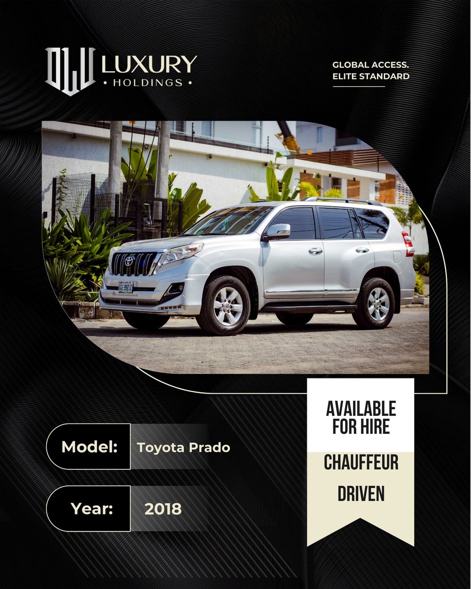 olhmobility_'s tweet photo. Short, Strong &amp; Reel-Ready

Power. Space. Authority.

2018 Toyota Land Cruiser Prado
Chauffeur Driven.
Available Now.

Secure your booking today.
#LuxurySUV #ExecutiveRide #OLULuxury #PremiumTransport https://t.co/b2uVzreEXU