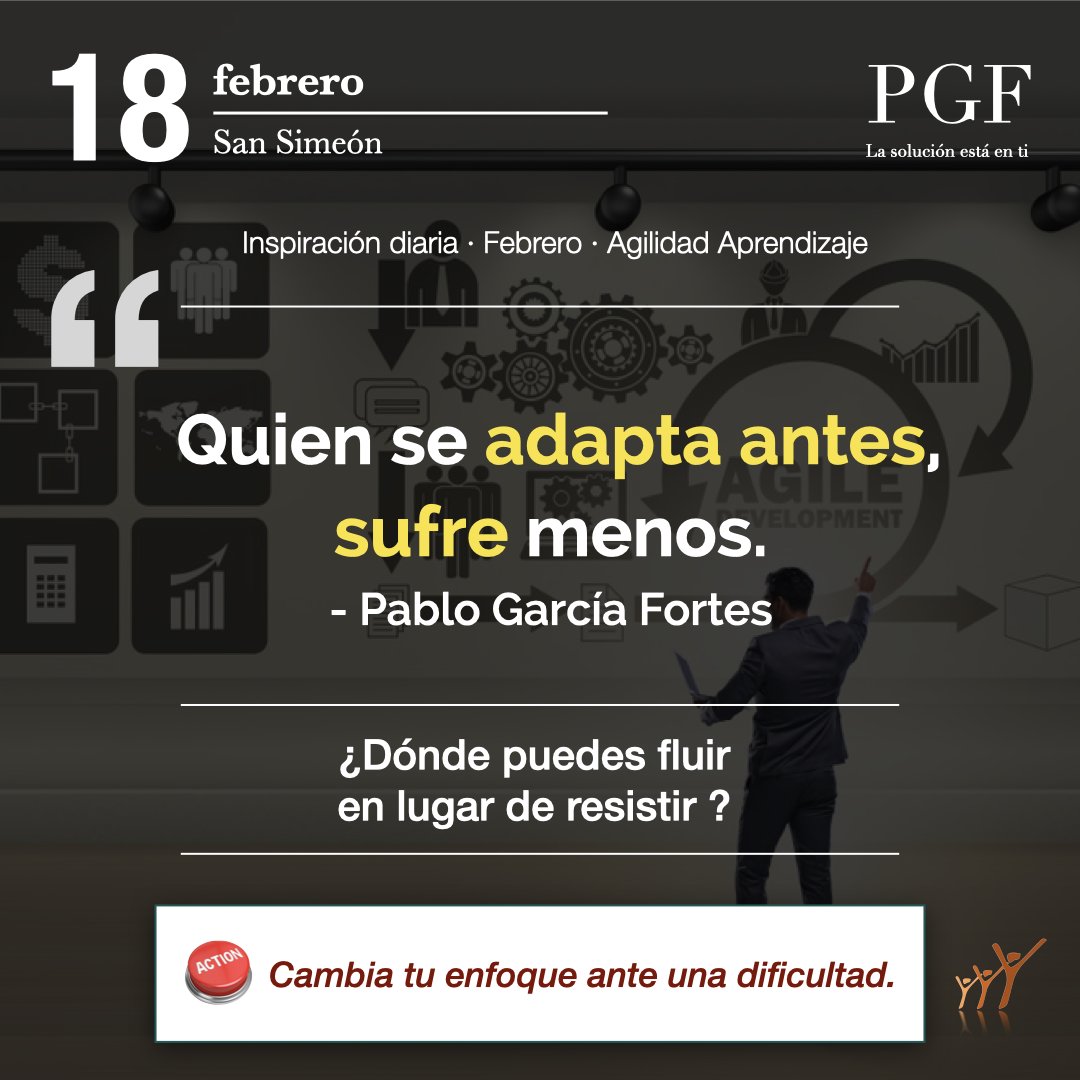 «Quien se adapta antes, sufre menos.»

Pablo García Fortes

¿Dónde puedes fluir en lugar de resistir?

Microacción del día: Cambia tu enfoque ante una dificultad.

#Citadeldía #PabloGarcíaFortes #AgilidadAprendizaje #LifelongLearning #Adaptarse #Fluir #Flow