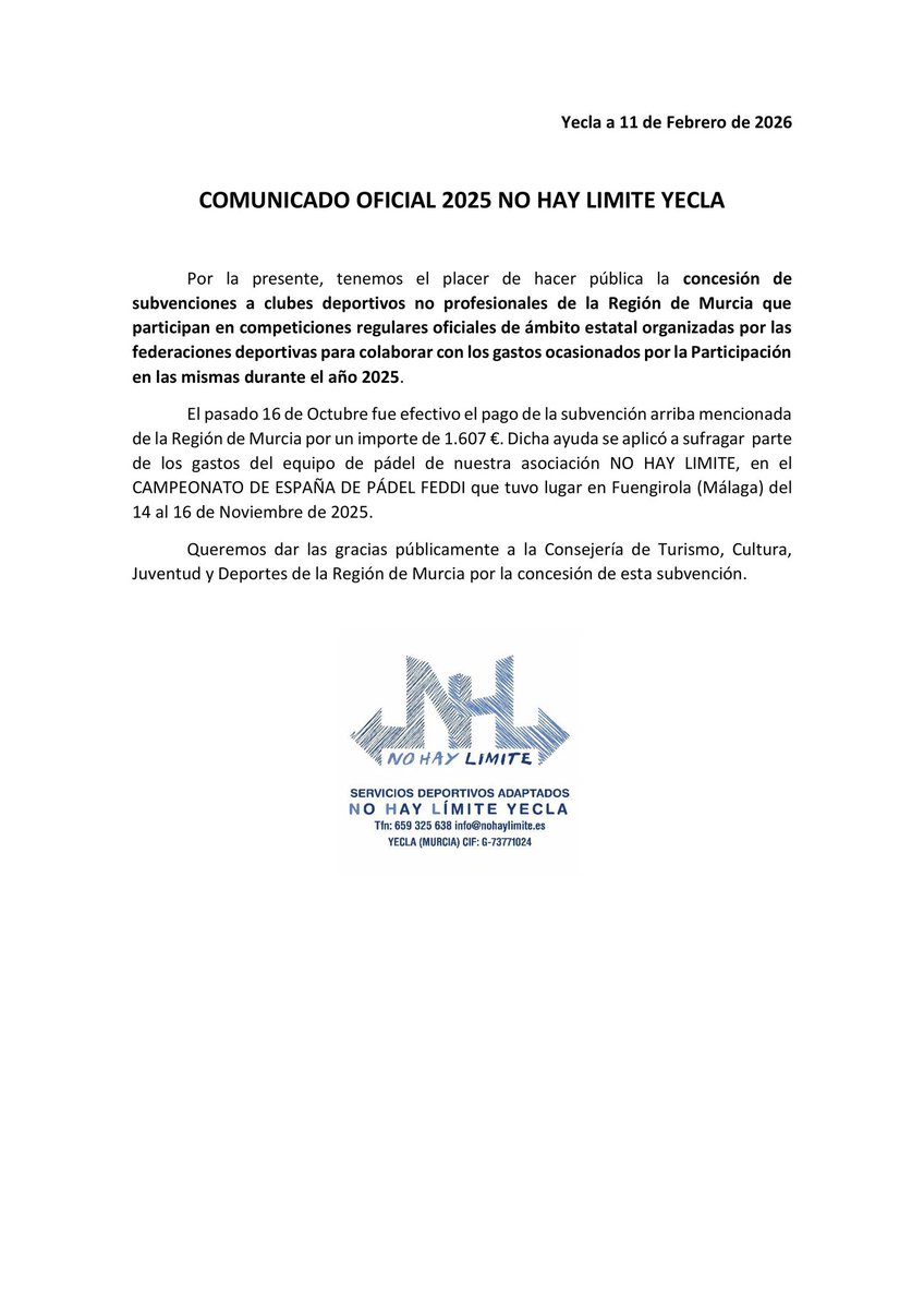 Subvención concedida por la Consejería de Turismo ,Cultura ,juventud y Deportes de la Región de Murcia