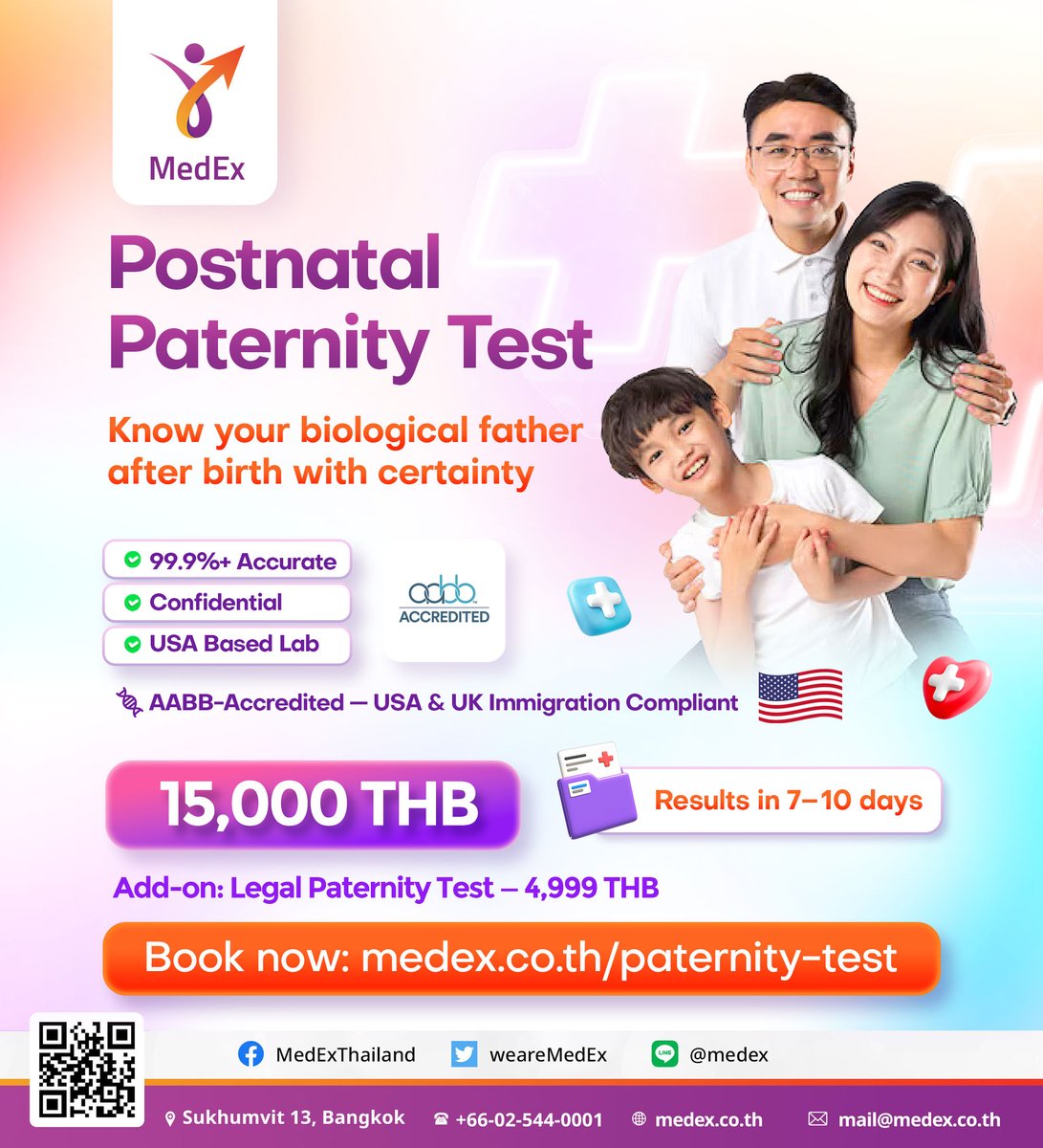 weareMedEx's tweet photo. 👶💙 Postnatal Paternity Test in Bangkok — Accurate. Confidential. Trusted.

Looking for certainty after birth? MedEx offers AABB-accredited postnatal DNA paternity testing with results you can rely on.

✅ 99.9%+ Accuracy
✅ Confidential & Secure
✅ USA-Based Accredited Laboratory
✅ Immigration-Compliant Option Available
📩 Results in 7–10 days

💰 Package: 15,000 THB
➕ Add-on Legal Test: 4,999 THB

📍 Walk-in available at MedEx NEO Clinic
The Trendy Office Building, Sukhumvit 13
(Open Daily 8 AM – 10 PM | Near BTS Nana & Asoke)

📲 Book now: https://t.co/8G9rK0ScFk

☎ Helpline: +66-02-544-0001
LINE: @MedEx | WhatsApp: https://t.co/kVaGIs3Oj1

#MedEx #PaternityTestBangkok #DNATestThailand #BangkokClinic #FamilyCertainty #ConfidentialTesting #AABBAccredited #MedExNeoClinic