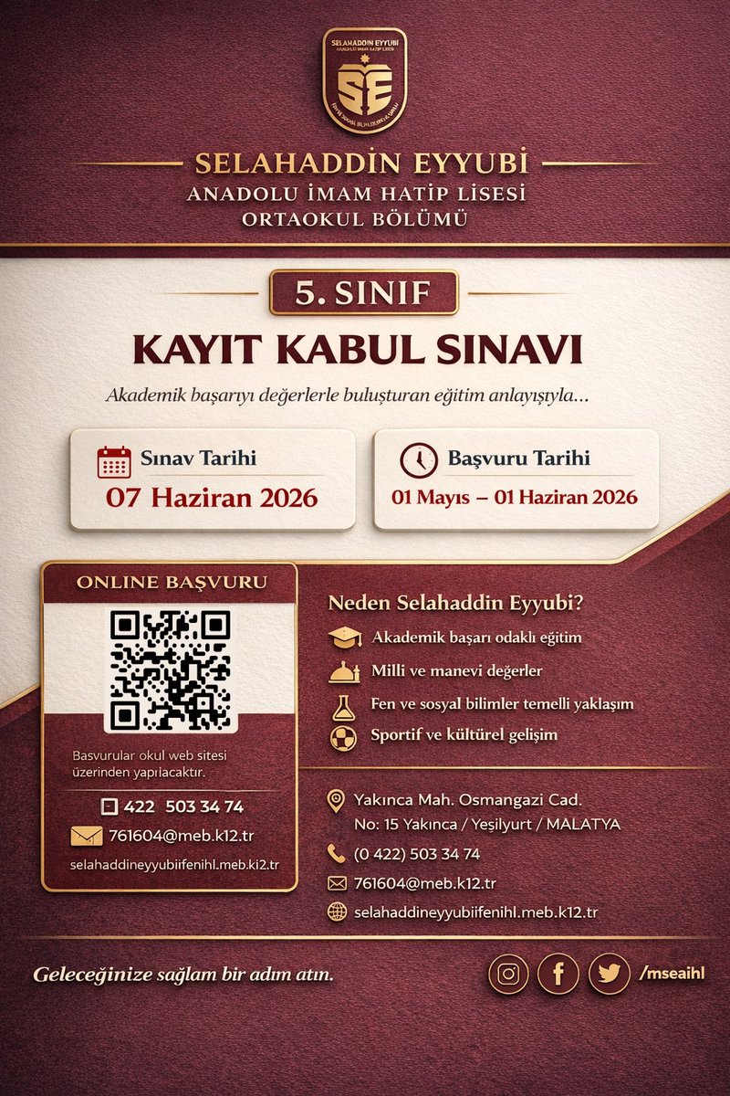 2026-2027 eğitim dönemi için 5.Sınıf Kayıt Kabul Sınavı başvuruları 1 Mayıs 1-Hairan arasında olacaktır.
.
#selahaddineyyubi
#ortaokul
