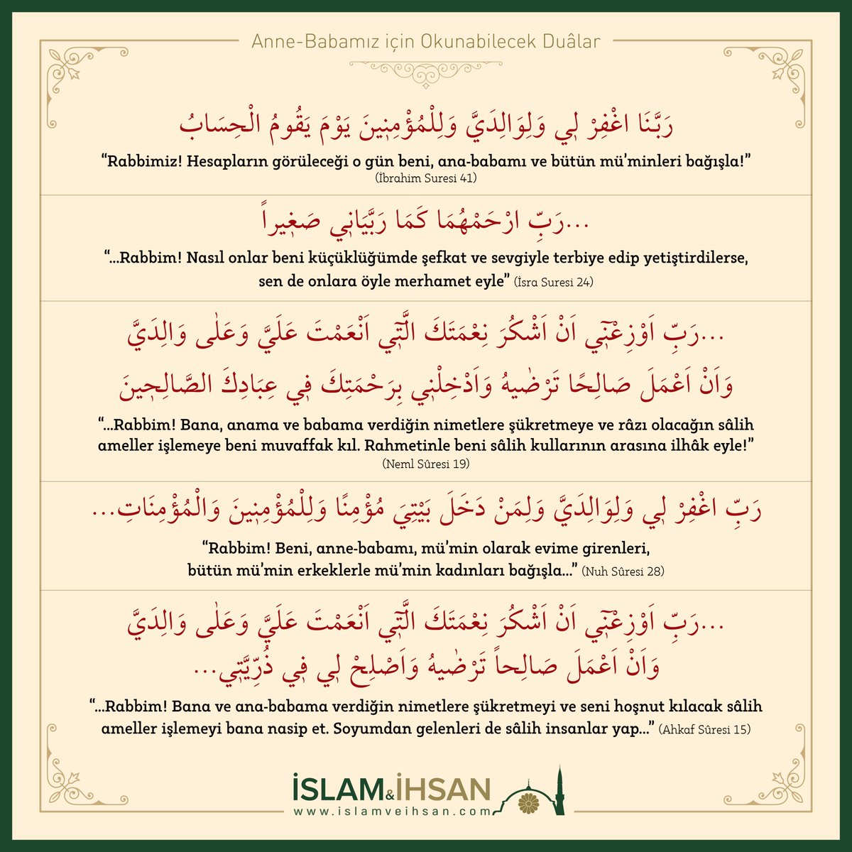 “Rabbimiz! Hesapların görüleceği o gün beni, ana-babamı ve bütün mü'minleri bağışla!” (İbrahim suresi, 41)