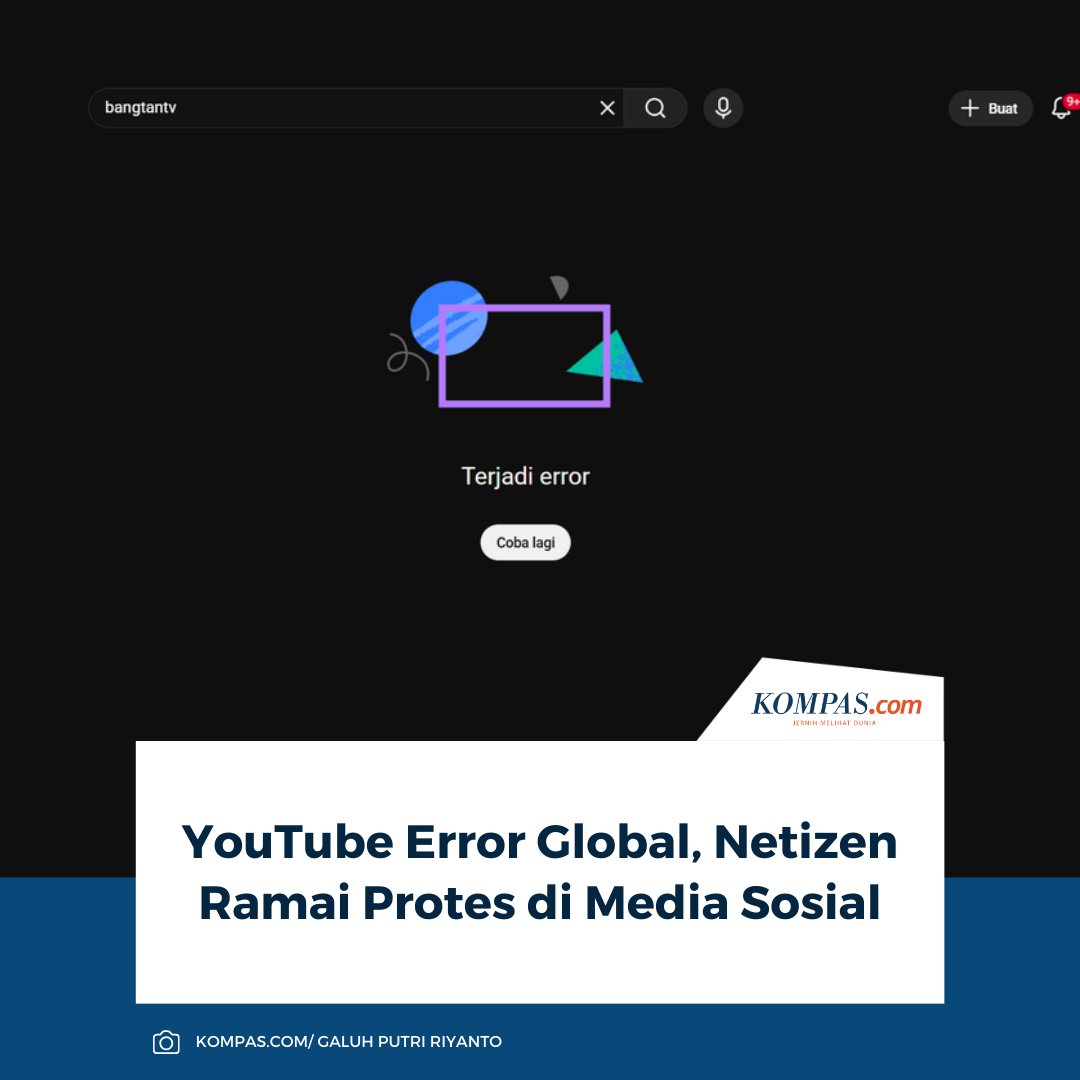 KompasTekno's tweet image. YouTube mengalami gangguan alias down secara global pagi ini, Rabu (18/2/2026). Gangguan yang terjadi secara global ini membuat para pengguna, termasuk dari Indonesia, mengeluh di media sosial.

👉🏻Baca selengkapnya tekno.kompas.com/read/2026/02/1…

~AM #YouTube #Netizen #MediaSosial