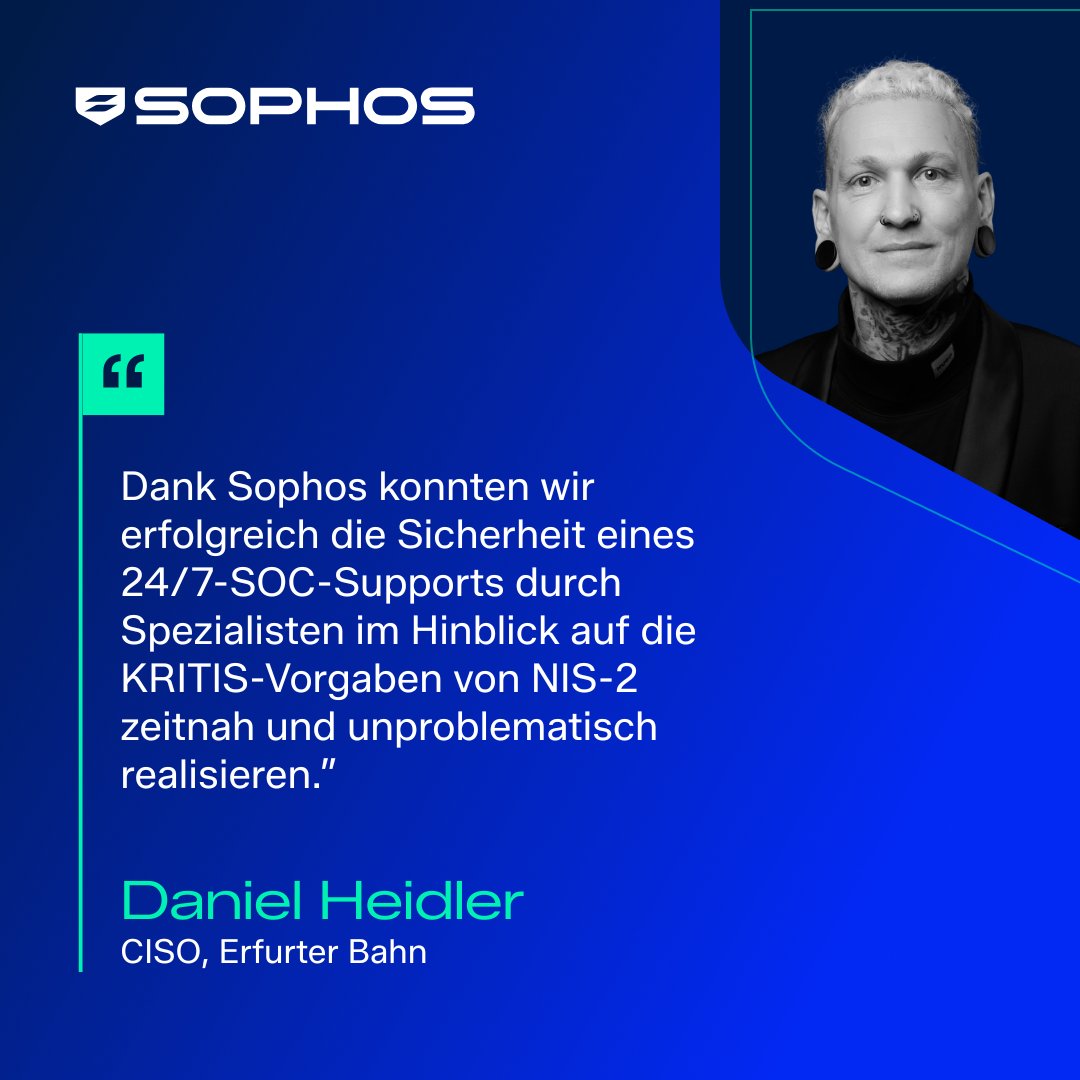 sophos_info's tweet photo. 🚆24/7 KRITIS-Schutz auf der Schiene
Erfurter Bahn mit IBYKUS &amp; Sophos: NIS-2-konformes SOC, schnelle Reaktion, weniger IT-Last
Sichere Mobilität dank moderner Cybersecurity https://t.co/d7SS3Zem8j