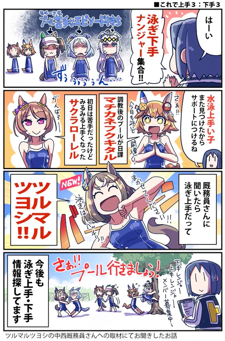 取材して聞いてきました!
ツルマルツヨシも泳ぎは得意な方だったって!

これで泳ぎ下手と泳ぎ上手でバランスとれるね! 