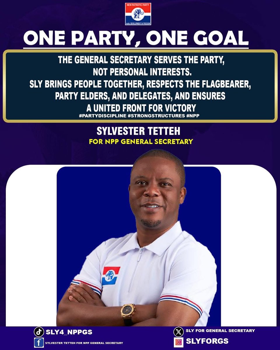 SlyForGS's tweet photo. One Party. One Goal. One United Front.
Hon. Sylvester Tetteh is ready to serve the party with discipline, respect, and strong structures for victory.
#SlyForGeneralSecretary #PartyFirst #NPP https://t.co/XPr7XFAkZB
