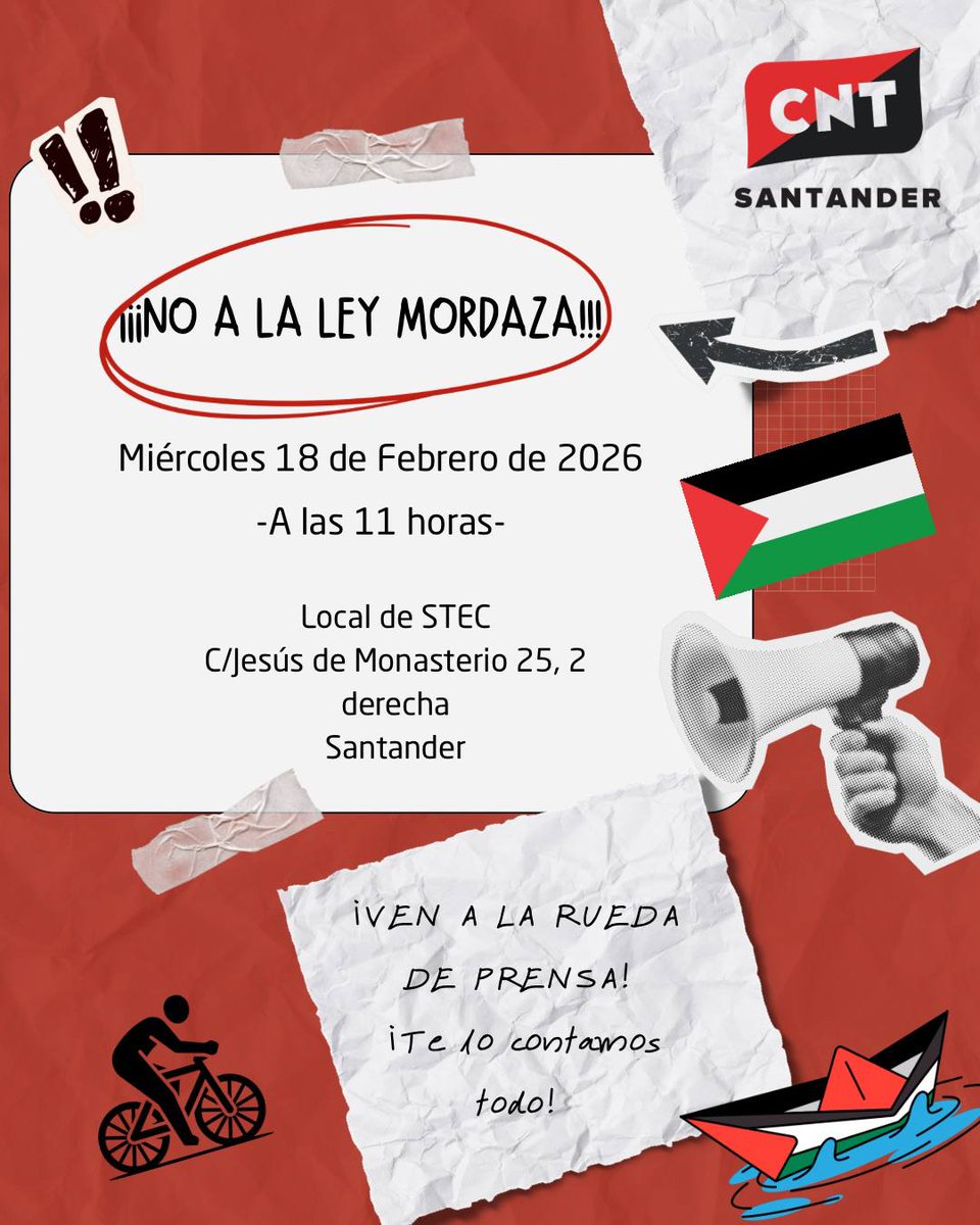 CNTSantander's tweet photo. Condenar el genocidio es deber, no delito.

👉 RUEDA DE PRENSA por la derogación de la Ley Mordaza y el fin de la criminalización de la protesta pacífica.

Activistas cántabras han recibido sanciones por protestar durante la pasada #VueltaCiclista

🕚 11:00 h
📌 Sede del STEC https://t.co/AmwzZS4WMe