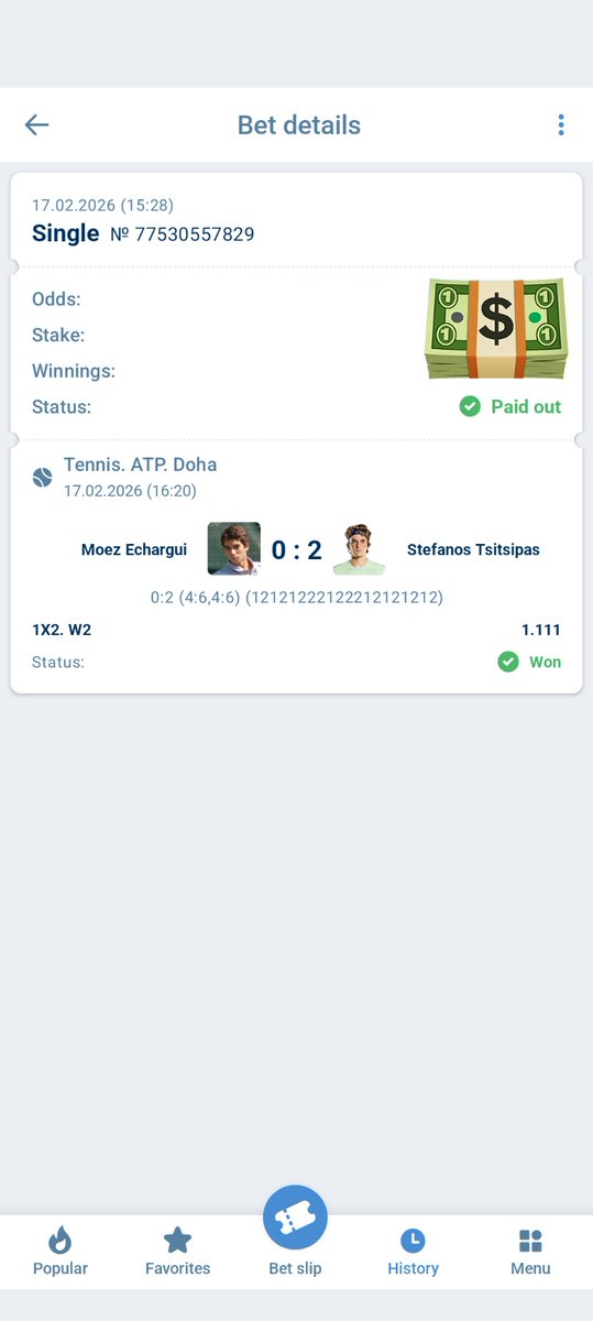ThePicksShop's tweet image. ✅ WIN CONFIRMED | ATP Doha 🎾🔥
💥 Moez Echargui vs Stefanos Tsitsipas
🏆 Result: Tsitsipas ✅
💰 Pick: W2 — WON
📊 Under 18.0 Games: ✅
🚀 Easy money!
🔥 Confidence: ⭐⭐⭐⭐⭐
#SureWin #TennisTips #ATPDoha #WinningPick