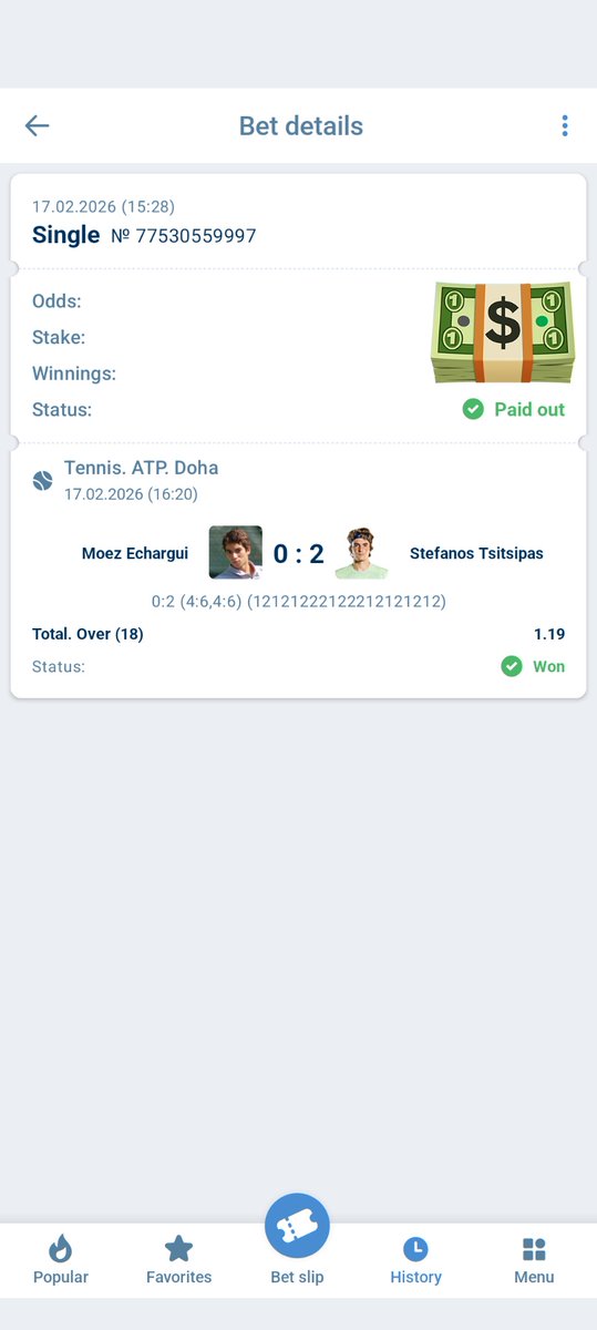 ThePicksShop's tweet image. ✅ WIN CONFIRMED | ATP Doha 🎾🔥
💥 Moez Echargui vs Stefanos Tsitsipas
🏆 Result: Tsitsipas ✅
💰 Pick: W2 — WON
📊 Under 18.0 Games: ✅
🚀 Easy money!
🔥 Confidence: ⭐⭐⭐⭐⭐
#SureWin #TennisTips #ATPDoha #WinningPick