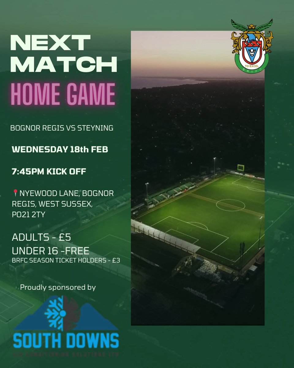 rockettes_wfc's tweet photo. 🌙 Football under the lights just hits different.

⚽ Bognor Regis 🆚 Steyning
⏰ 7:45pm KO
📍 Nyewood Lane

🎟️ Adults £5
👦 Under 16s FREE
🎫 Season ticket holders £3

☕ Tea on
🍔 Food ready
Midweek plans sorted 💚🤍

Listen live: https://t.co/Qr8nXzCYb9 https://t.co/rseAj7aP1q