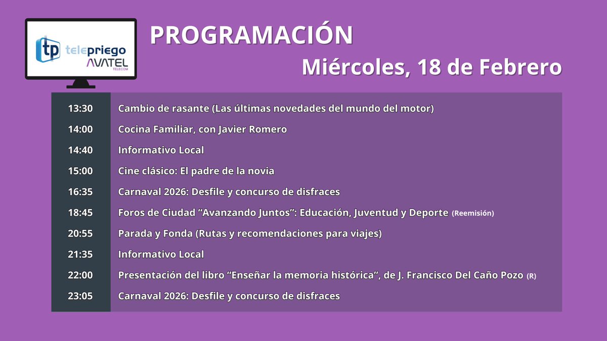 #telepriego
#AvatelTelecom
#clictv🎞️📺🍿
#canalrecuerda
#febrero2026✨
#invierno2026🌧️🥶
#carnaval2026🎭🎉🥁❤️