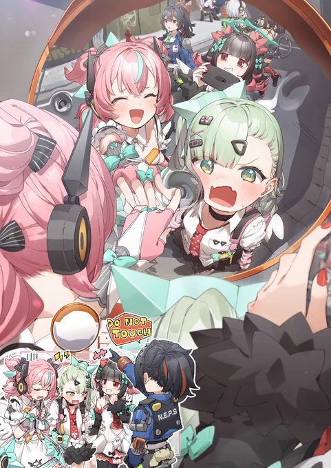 ゼンレスゾーンゼロの妄想エンジェルの3人を描かせていただきました! アリア「ちなつちゃん、変な顔～!」 朱鳶「カーブミラーに触れて変形させる行為は、器物破損となる可能性があります。触らないでください。」