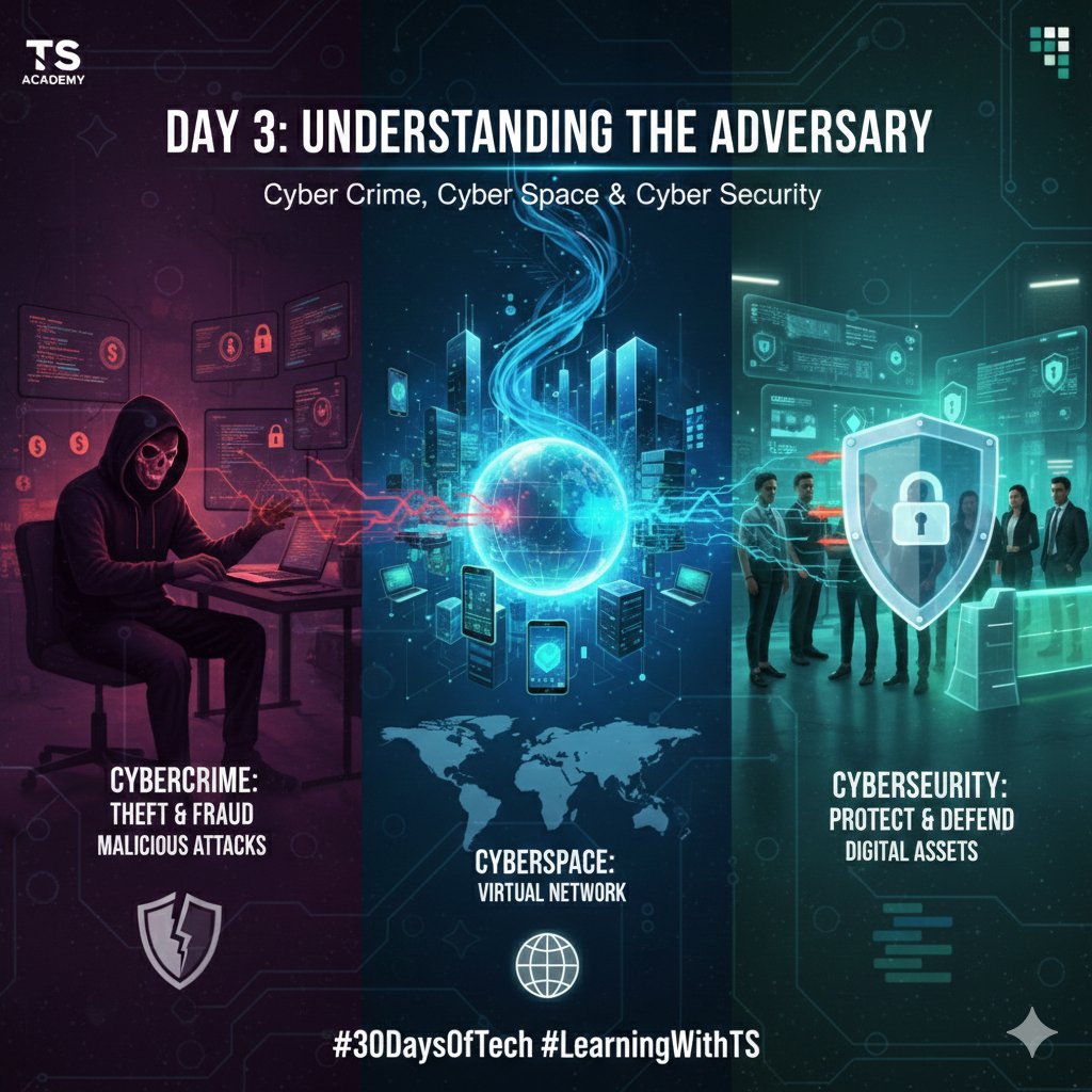 uoazeez's tweet photo. Day 3/30: The "Cyber" Trinity 🛡️🌐
Deep dive into Cybercrime, Cyberspace, &amp; Cybersecurity today with @TechSphereAcad.
Key takeaway: Cybersecurity is a shared responsibility. We are all part of the shield! 🛡️
Lab is live, theory is solid. Let’s go! 🚀
#30DaysOfTech #LearningWithTS https://t.co/gMzcJgEA8A