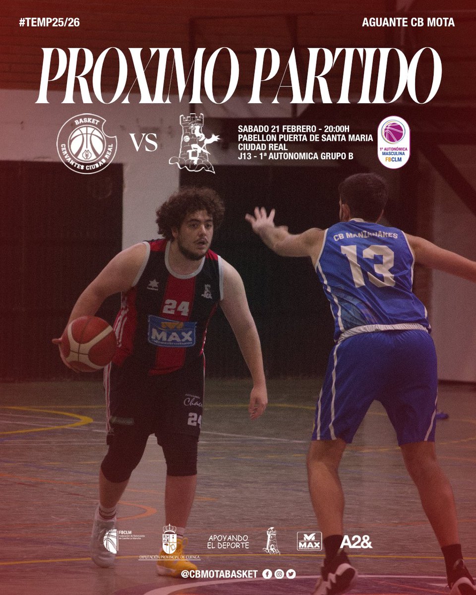 🏀🔥 JORNADA 13 🔥🏀

📅 Sábado 21 Febrero
🕢 20:00
📍 Pabellón Puerta de Santa Maria
🆚 <a href="/BASKETCERVANTES/">BASKET CERVANTES CIUDAD REAL</a> 

💥 ¡Ven a apoyar al equipo y vive el baloncesto en estado puro!
❤️🖤 #CBMota #Gameday #UnaMotaUnida #Temp25_26