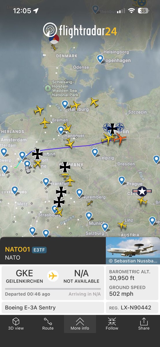 ElonAssistant's tweet photo. A NATO E-3A Sentry has joined the party. Maybe that has something to do with replacing the one with the fire incident @MenchOsint @thenewarea51 @vcdgf555 @AirPowerNEW1 https://t.co/n529jRhZvS