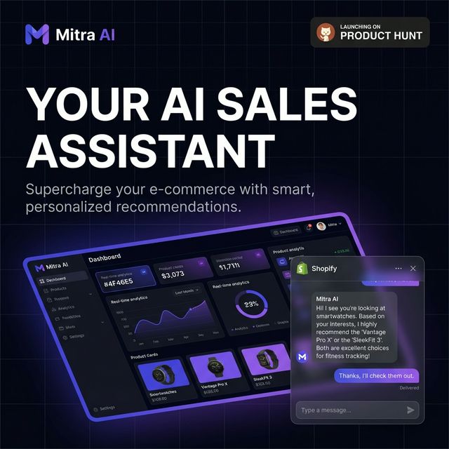 askmitraai's tweet photo. 🚨 WE ARE LIVE ON @ProductHunt !

Meet Mitra AI: The AI Sales Assistant that turns passive browsers into active buyers.

- Intent-Based Search 🧠
- Instant Shopify/Woo Integration 🔌
- Abandoned Cart Recovery 🛒

Check &amp; grab your 30-Day Free Trial: 👉https://t.co/S3vNUyW2XA https://t.co/9kqbGeHZnW