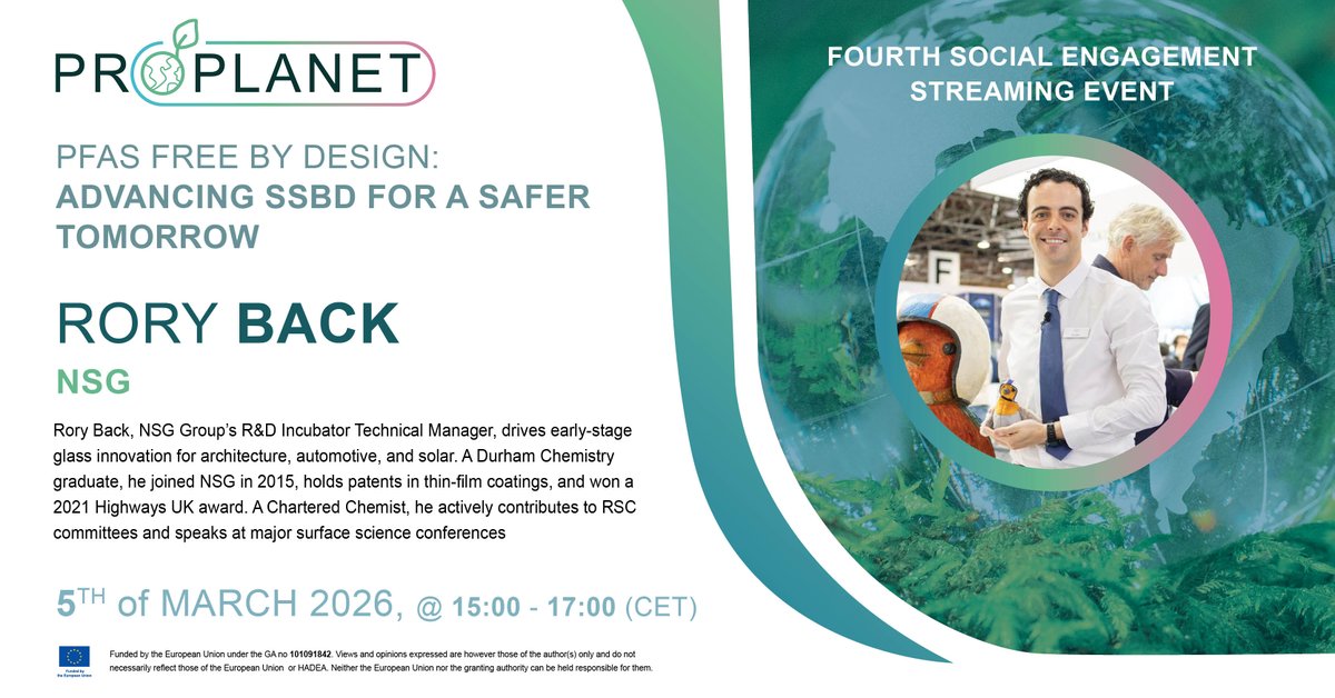 PROPLANETeu's tweet photo. 🏗️ Meet Our Expert: Rory Back from @pilkingtonglass!
We’re thrilled to have Rory Back at the 4th @PROPLANETeu Streaming #Event on March 5th! 🎥✨
Rory will focus on:
✅ PFAS-free coatings for the glass sector
✅ How these innovations deliver #SelfCleaning and #AntiFogging properties without compromising performance
✅ Practical applications that align with Safe and Sustainable by Design (#SSbD) principles for architectural and automotive glass
Join us to discover how #sustainability and functionality can go hand in hand for a PFAS-free future. 🌱
📅 Save the Date: March 5th
🔗 Register now to secure your spot!
https://t.co/tlIZaKV3HA
#HorizonEU #PFASFree #GlassIndustry #Innovation #GreenScience