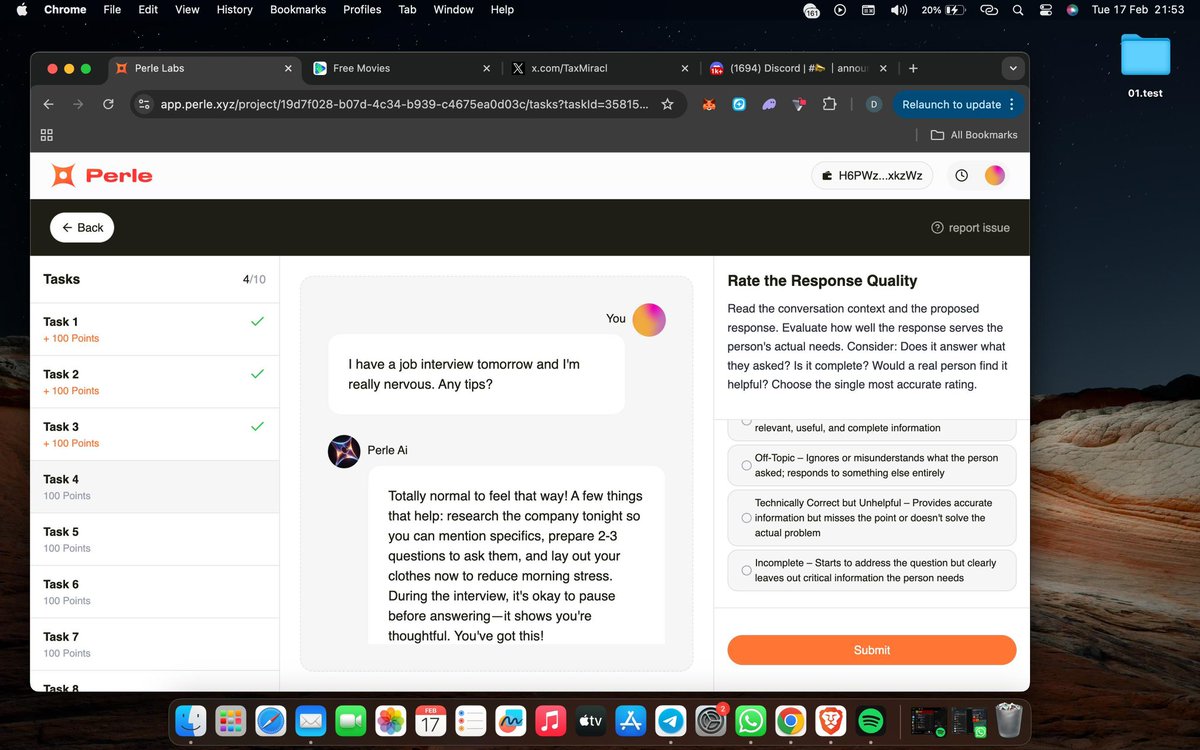 𝗡𝗲𝘄 𝗤𝘂𝗲𝘀𝘁 𝗼𝗻 𝗣𝗲𝗿𝗹𝗲 𝗟𝗮𝗯𝘀: 𝗛𝗼𝘄 𝘁𝗼 𝗖𝗼𝗺𝗽𝗹𝗲𝘁𝗲 𝗜𝘁

This quest on Perle Labs is about evaluating a conversation and judging how helpful a response actually is.

Here’s what you’re being asked to do:

You’ll be given:

⇒ A conversation between a user