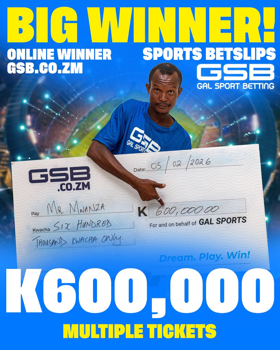 🤩 NEW BIG WINNER! 💸
🌐 ONLINE USER
🏆 Winnings: ZMW 600,000
⚽ SPORTS TICKETS!
🥇BE THE NEXT ONE!

Visit NOW GSB.CO.ZM and be the next one!

#gsbzambia #galsportsbetting #DreamPlayWin