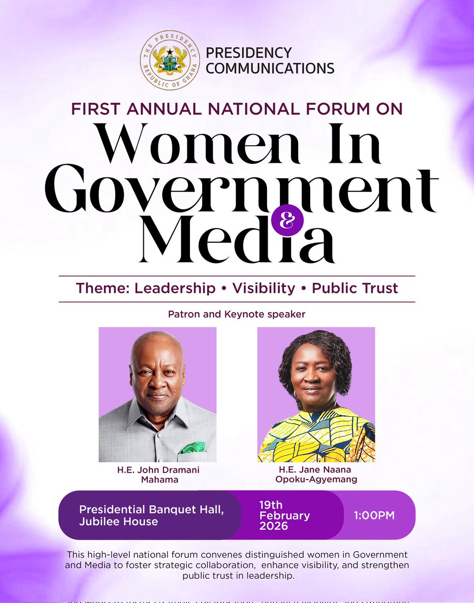 Ghana's first ever and biggest National strategic forum for women in government and media aimed at reinforcing public trust in leadership happens tomorrow at the seat of Government!

#NationalForumOnWomen
#WomenInGovernmentAndMedia
#WomenEmpowerment
#Presidency 

<a href="/JDMahama/">John Dramani Mahama</a>