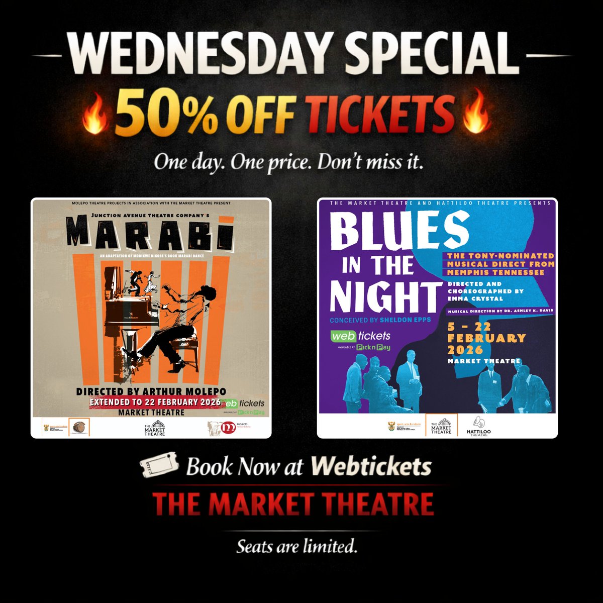 MarketTheatre's tweet photo. TODAY ONLY , 50% OFF tickets to all shows at the Market Theatre!
MARABI - https://t.co/QCkzfv36HJ
BLUES IN THE NIGHT - https://t.co/73nSgrPh0V
Limited seats!
#WednesdaySpecial #HalfPrice https://t.co/IFSffv87rr