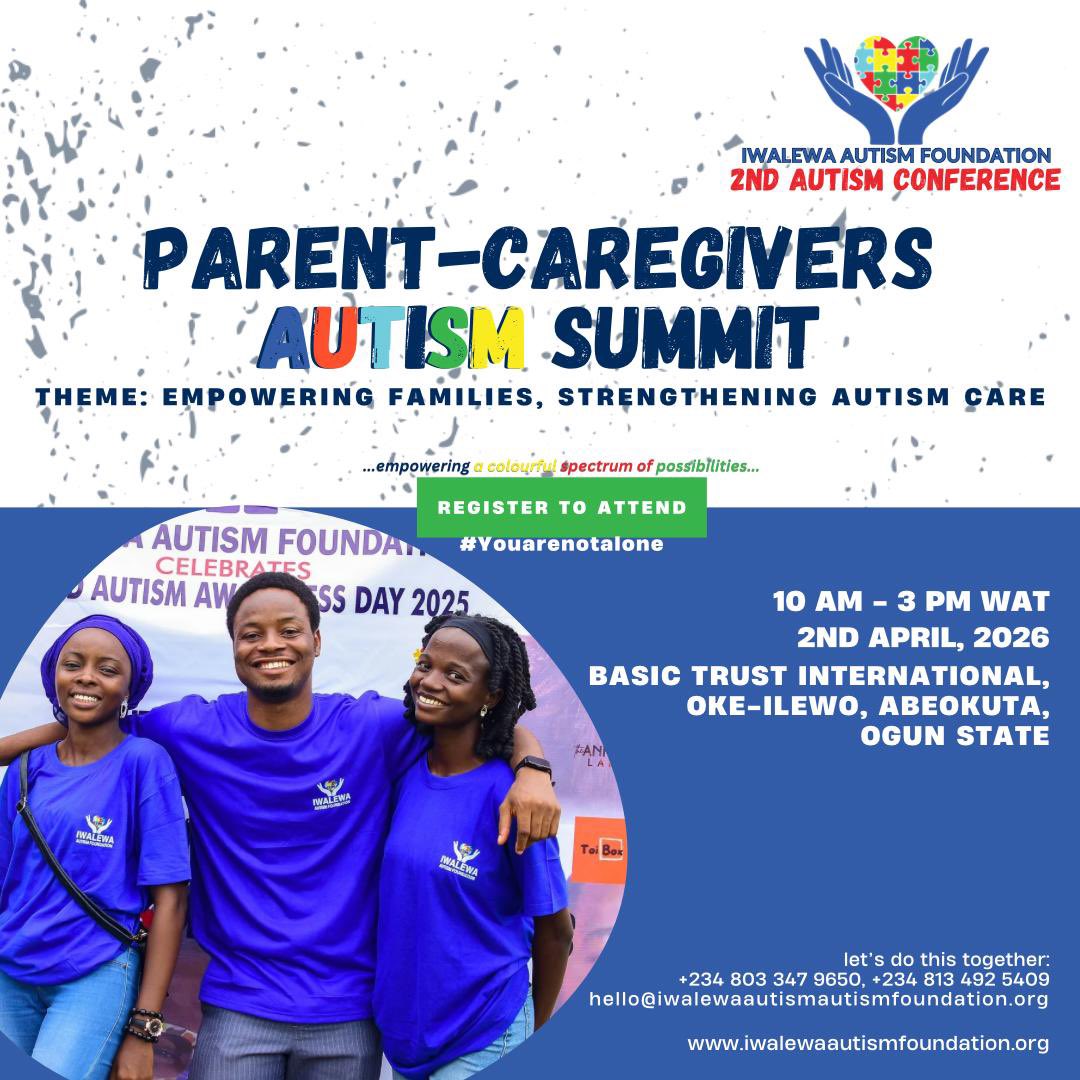 IwalewaAutism's tweet photo. The IAF Parent &amp; Caregivers Summit - coming in April 2026! 💙

Together, we can create a space of empathy, growth and hope for individuals on the spectrum and their families.

DM or mail us to connect &amp; collaborate. 

Register today: https://t.co/UssPNuuNAk

 #IAFConference2026 https://t.co/0GFoc8cEzy