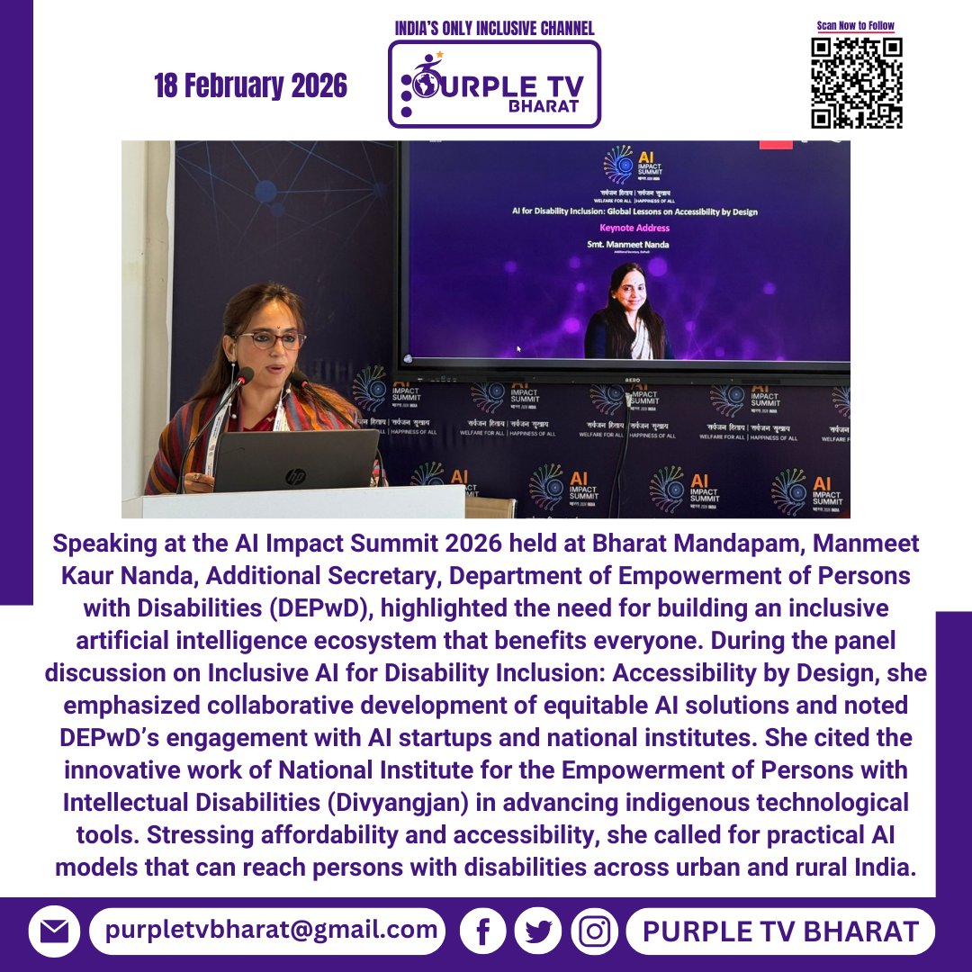 PurpleTVBharat's tweet photo. Inclusive AI Key to Empowering Persons with Disabilities, Says Manmeet Kaur Nanda
#AIImpactSummit2026 #InclusiveAI #DisabilityInclusion #DEPwD #AccessibleTechnology #AIForGood #DivyangjanEmpowerment #TechForInclusion #InnovationForAll #DigitalAccessibility https://t.co/Vi9PN8GY1m