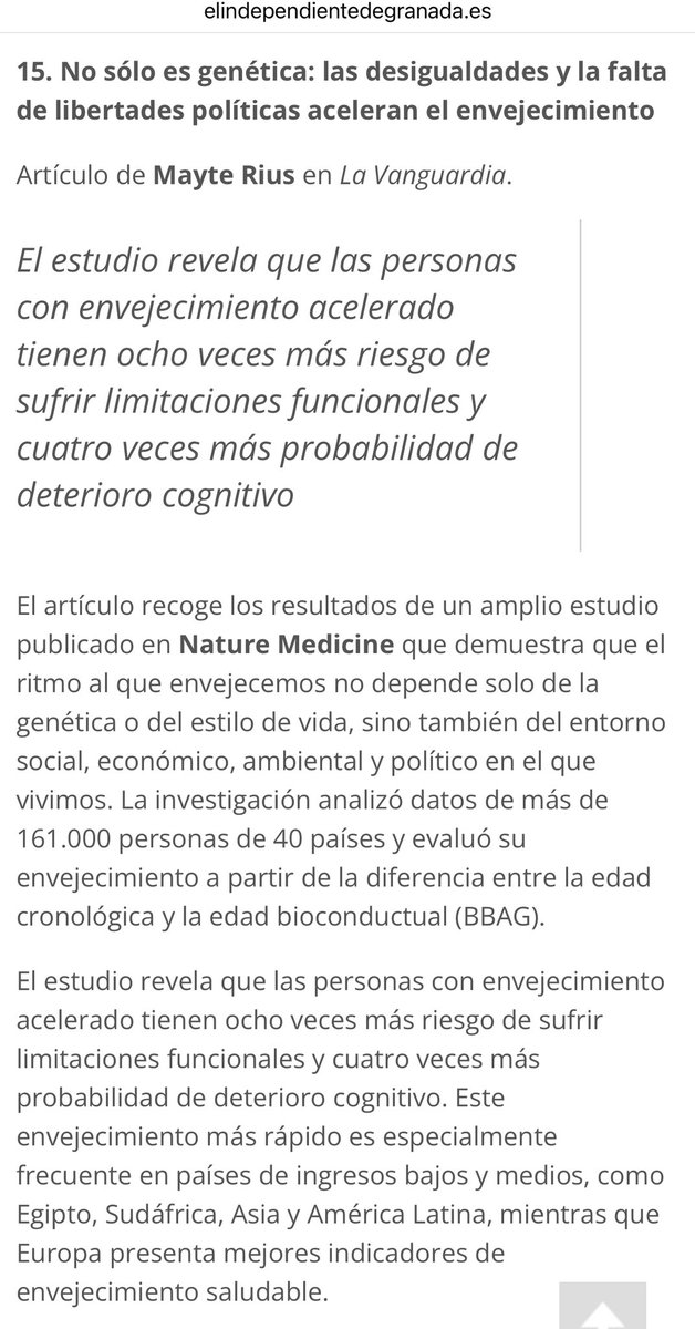 No sólo es genética: #desigualdades y falta de libertades políticas aceleran #envejecimiento <a href="/Mayterius/">Mayte Rius</a>

15 de mis #CrónicasSanitarias: personas con envejecimiento acelerado: 8 veces + riesgo de sufrir limitaciones funcionales y 4 de deterioro cognitivo

🔴elindependientedegranada.es/ciudadania/cro…