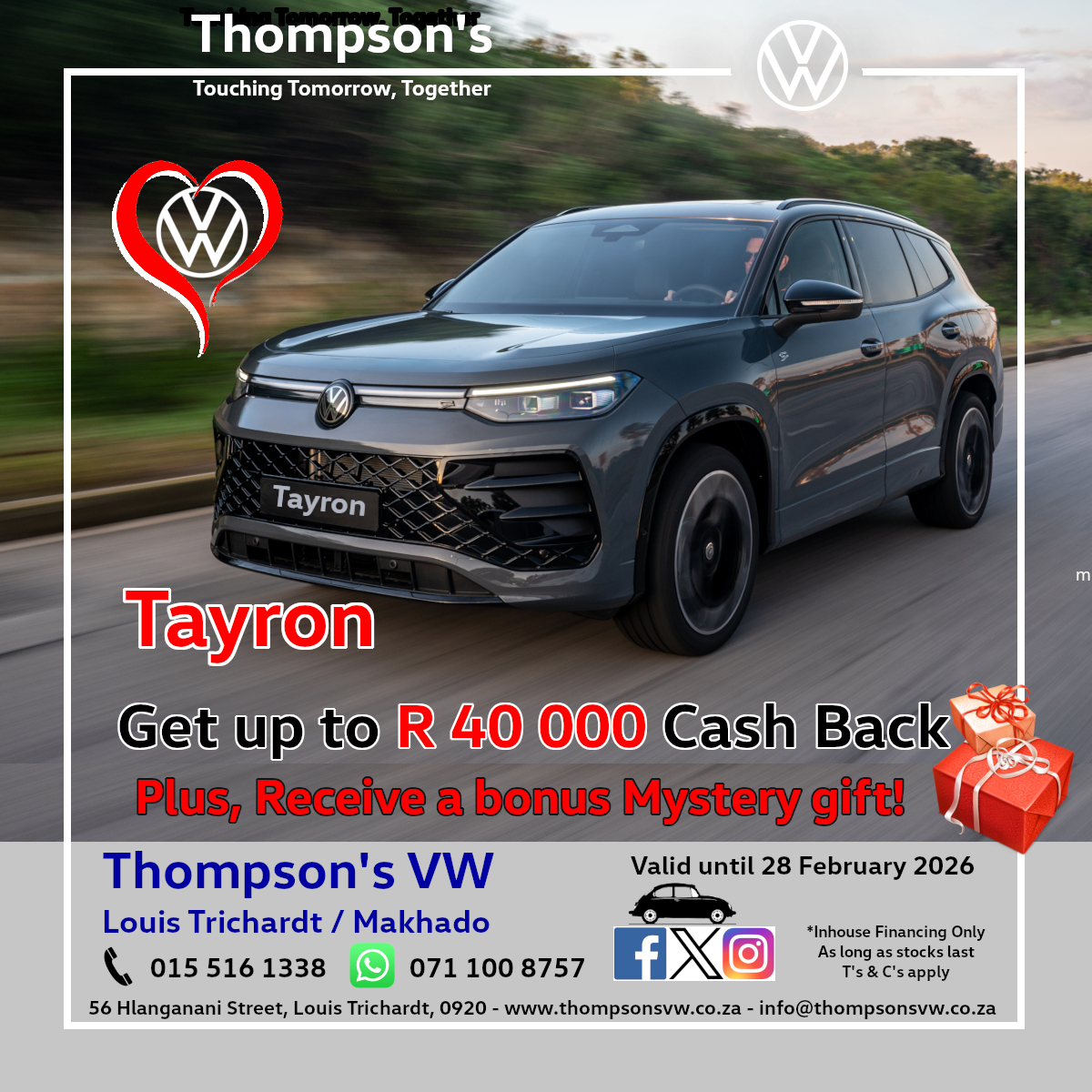 Special offers @ Thompson's VW. 
Visit our website at thompsonsvw.co.za for more. 
Email: info@thompsonsvw.co.za, 
WhatsApp: 071 100 8757, 
Tel: 015 516 1338.
#specials #promotion #thompsonsvw