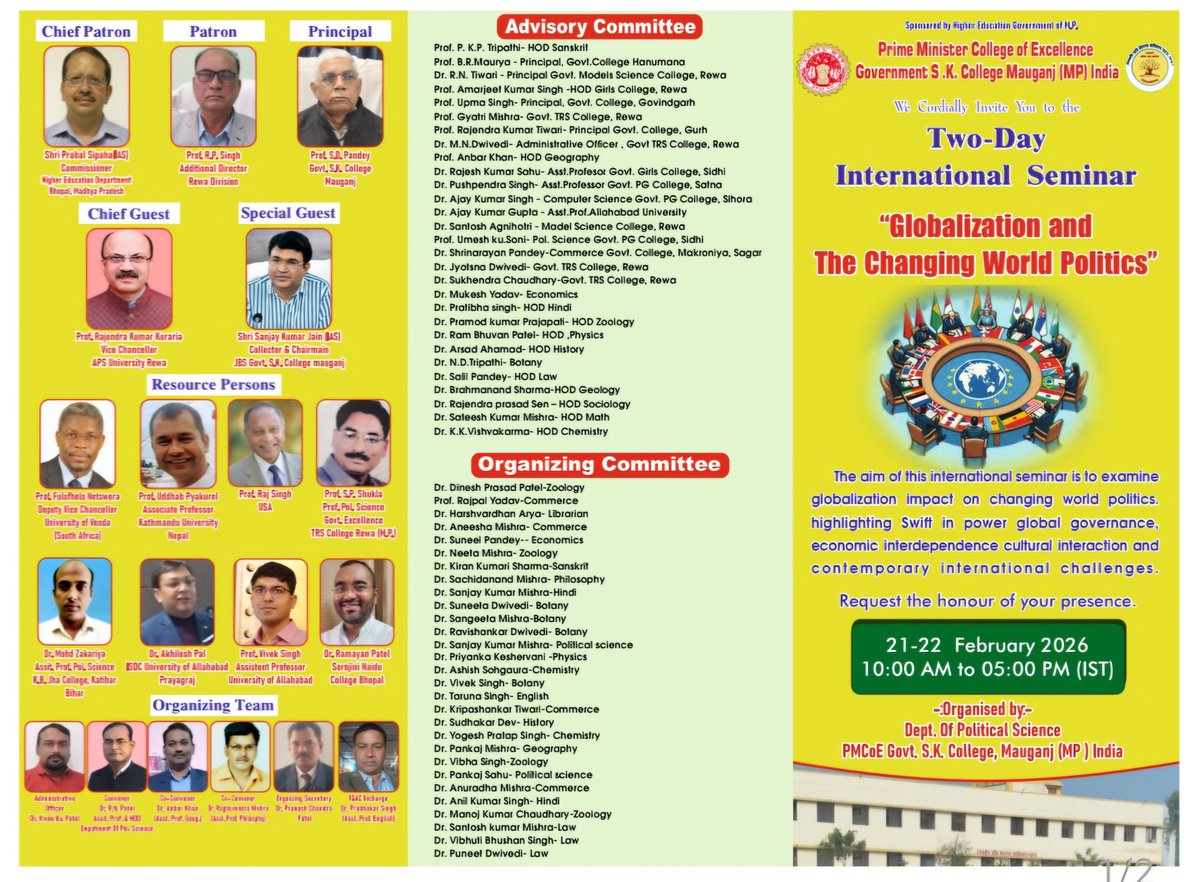 DrAkhilesh_Pal's tweet photo. I will be speaking at the Two-Day International Seminar on “Globalization and the Changing World Politics.”
📅 21–22 February 2026
🕙 10:00 AM – 05:00 PM (IST)

#InternationalSeminar
#Globalization
#WorldPolitics
#GlobalGovernance
#InternationalRelations
#PoliticalScience https://t.co/Z7iA5Lq3I4