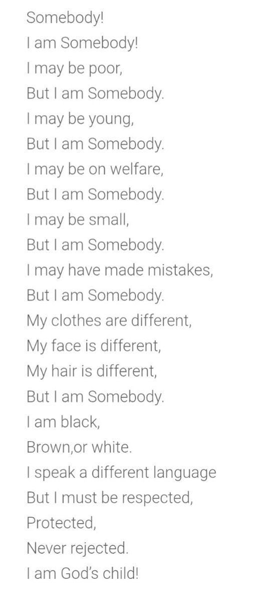 BodyofBenin's tweet photo. @Ki_Innis Somebody!
I am Somebody!
I may be poor,
But I am Somebody.
I may be young,
But I am Somebody.
I may be on welfare,
But I am Somebody.
I may be small,
But I am Somebody.
I may have made mistakes,
But I am Somebody.
My clothes are different,
My face is different,
My hair is... https://t.co/HBTBGjjAMR