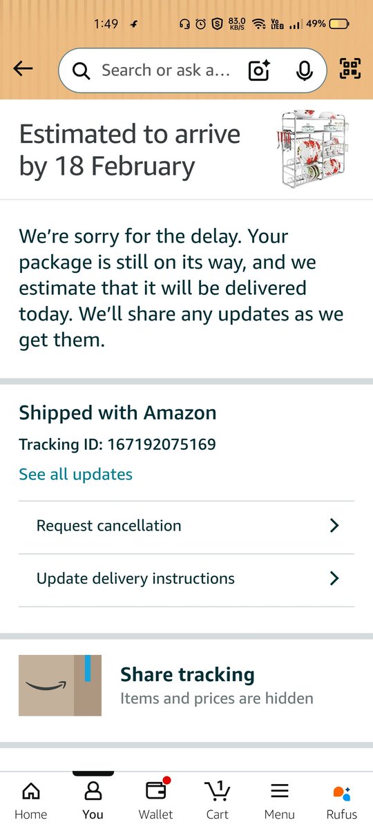 AkashYadav29497's tweet image. Disappointed with @AmazonHelp @amazonIN. Ordered on 13th Feb, delayed twice, now no update on 18th Feb. As a Prime member, being told to "just cancel" by support is unacceptable. I expect a resolution and compensation for this delay. Order ID: 408-7286159-9778720. #AmazonIndia