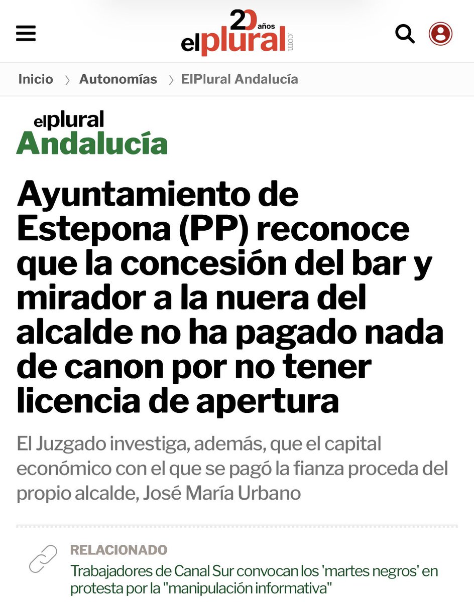 ElPlural: “Ayuntamiento de Estepona (PP) reconoce que la concesión del bar y mirador a la nuera del alcalde no ha pagado nada de canon por no tener licencia de apertura” 

Más info: elplural.com/autonomias/and…