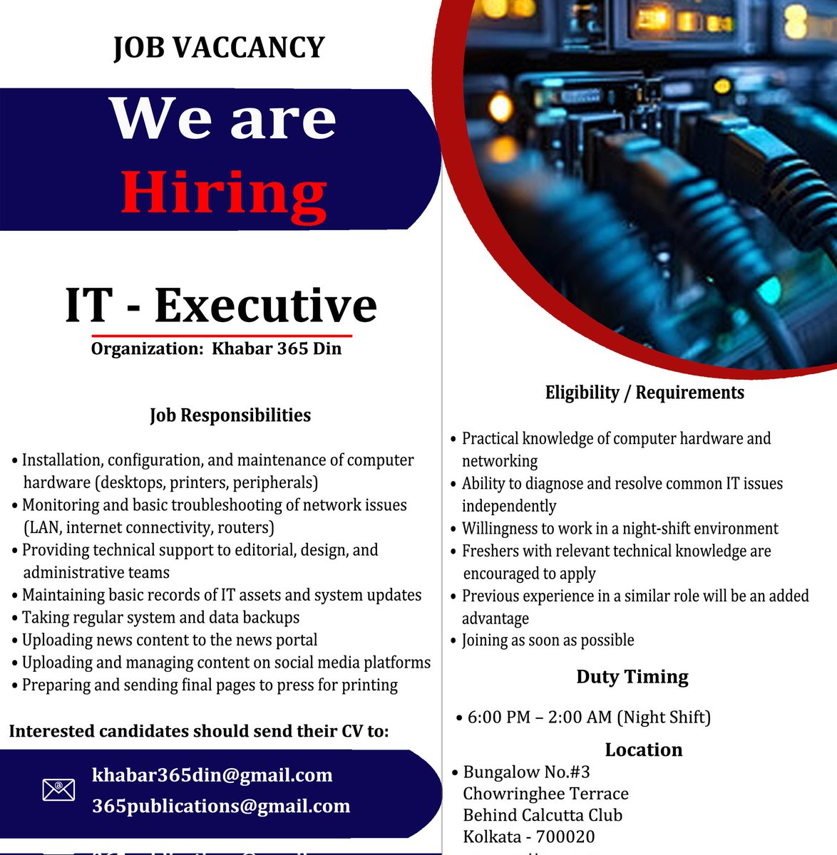 khabar365din's tweet photo. #JobVacancy #ITExecutive #ITSupport #HardwareNetworking #FreshersWelcome #JobsInKolkata #ApplyNow #Khabar365Din https://t.co/L4LYHBwkay