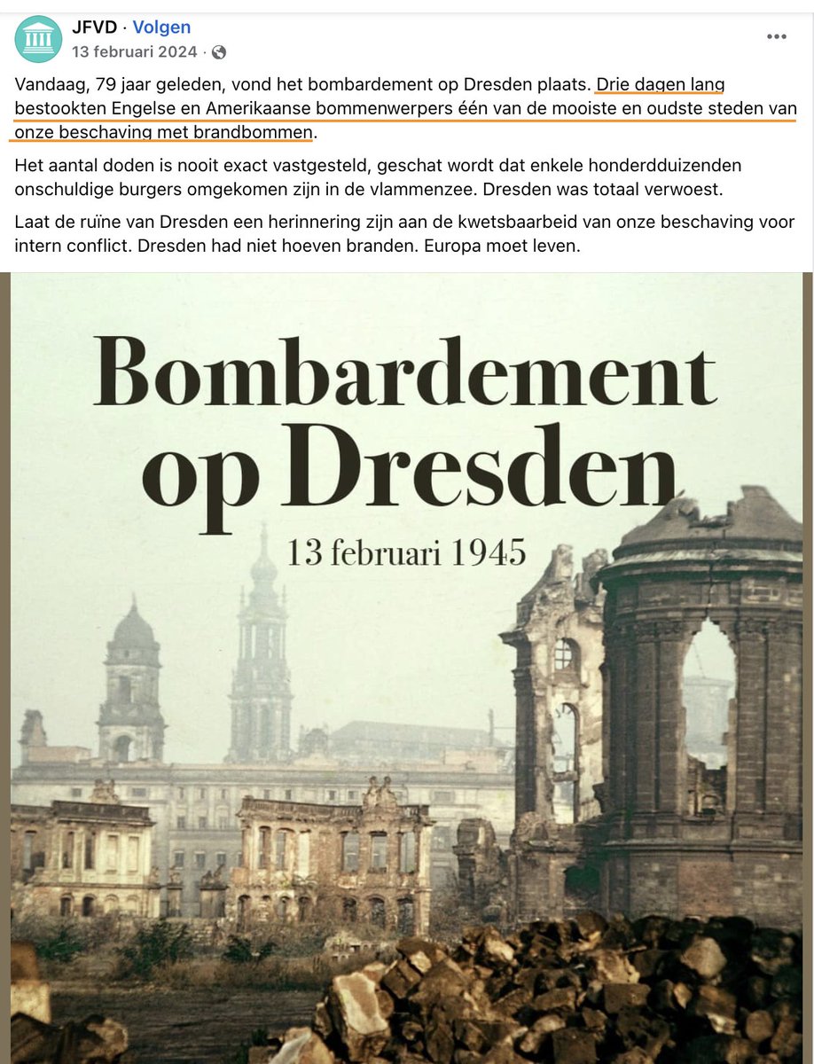 mmeeuw's tweet photo. Is het toeval dat de #fvd kandidaat Dresden noemt? Net als de Neo-Nazi's "herdenkt" #JFvD het bombardement. De reden voor de bombardementen โ Hitlers nazi-partij stoppenโ werd nooit erkend, evenals het feit dat Dresden een belangrijke plaats was voor de deportatie van Joden. https://t.co/byxJ5soQUi