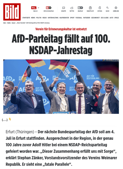 „Fatale Parallele“? Ach bitte.
Natürlich ist das alles nur ein kosmischer Zufall.
Datum, Ort, Symbolik – wahrscheinlich hat der Kalender der AfD einfach nostalgische Gefühle entwickelt.

Man kann ja auch nicht ständig erwarten, dass eine Partei jedes Mal prüft, ob ein Datum