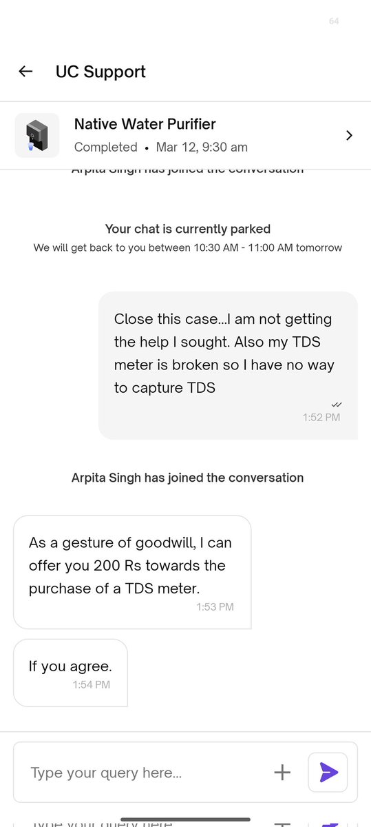 rahu9093's tweet photo. @jagograhakjago @urbancompany_UC 
I purchased a M1 Native RO fro UC in Mar'25. The taste is bad too. I requested an executive visit as its not something that can be resolved online. Bt yr exec is continsly getting changed offering me 200 rupee to buy TDS? This is how you handle? https://t.co/DLmtBNUqSL