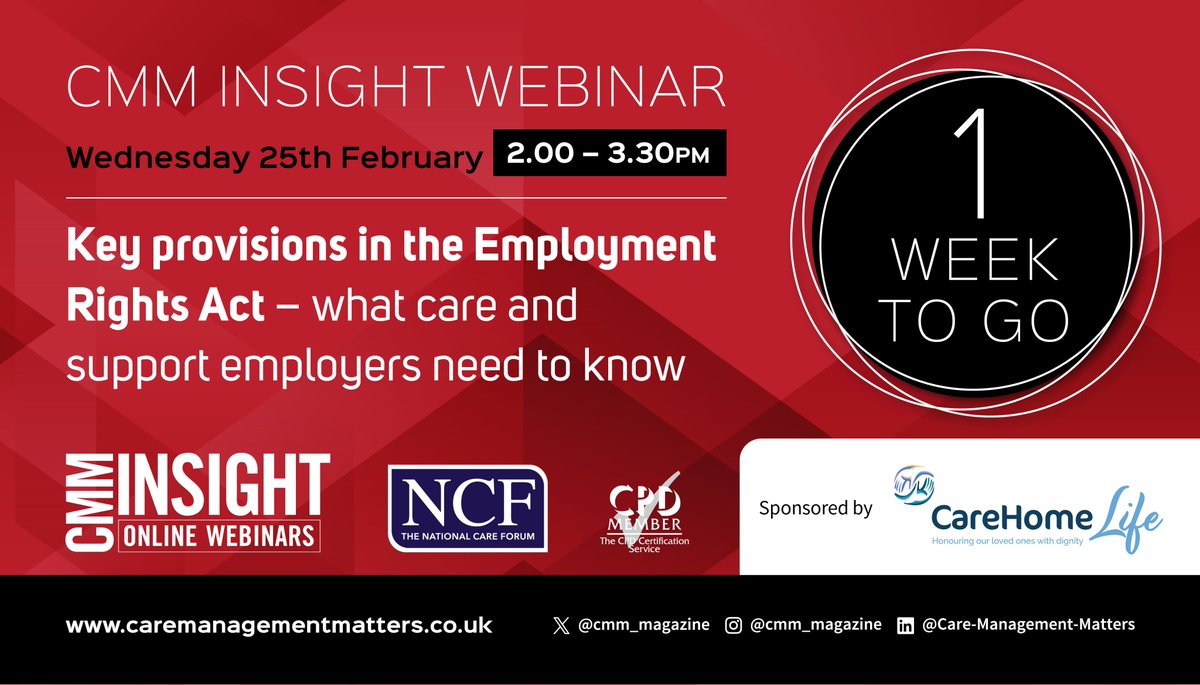 cmm_magazine's tweet image. 1 week to go #CMMInsight Webinar: Key provisions in the Employment Rights Act
Calling all care and support providers! With major employment law changes coming into force this April, now is the time to understand how they’ll affect your organisation.
Join the discussion for a deep