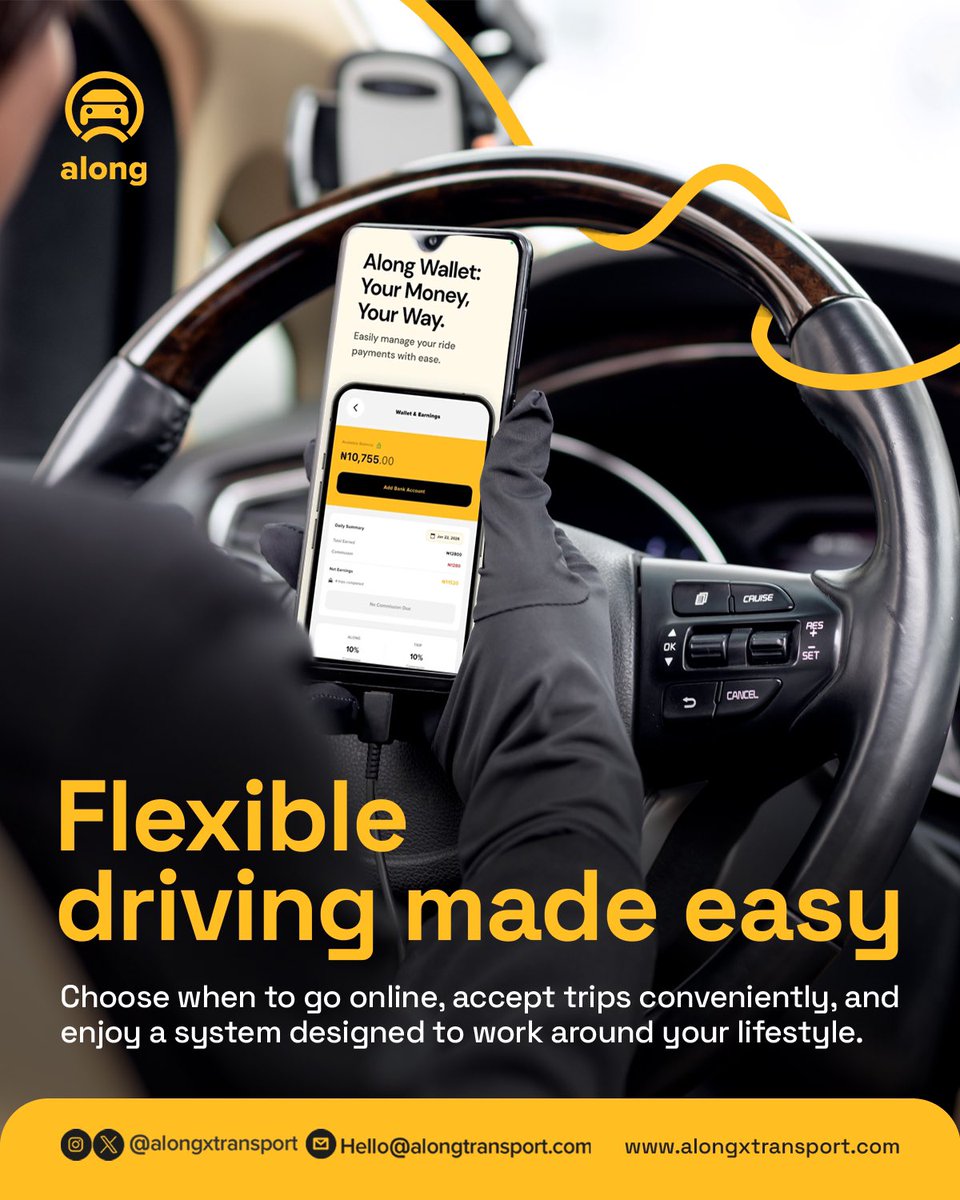 AlongxTransport's tweet image. No fixed hours.
No stress.
Just flexible driving that works for you.

Go online when you want, accept trips easily, and earn on your terms with Along. 🚘

Along Driver App is available on both PlayStore and AppStore 

#AlongTransport #DriveWithAlong #AbujaDrivers #FlexibleIncome