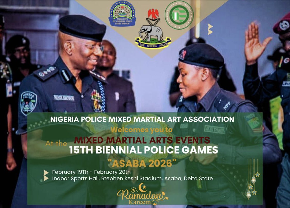 NMMAF proudly welcomes you to the Mixed Martial Arts Events at the 15th Biennial Police Games Asaba 2026.

📍 February 19–20 | Indoor Sports Hall, Stephen Keshi Stadium, Asaba, Delta State.

We wish all participants and supporters a blessed Ramadan Kareem.

🇳🇬

#NMMAF #BIPOGA