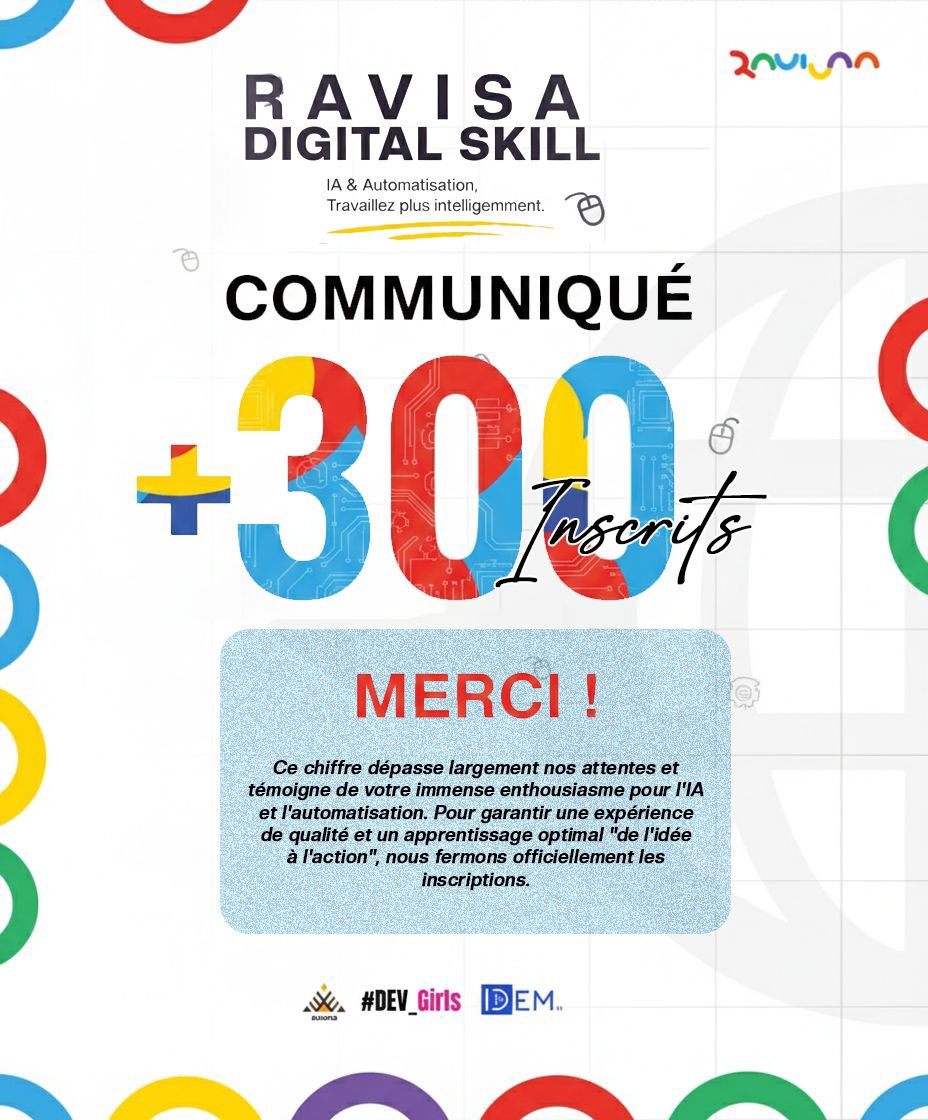 Inscriptions closes pour #RavisaDigitalSkill !
+300 inscrits en 48h. Merci pour l’engouement  🎥 Vous pourrez néanmoins suivre l’événement en ligne : lnkd.in/dGdqipxJ