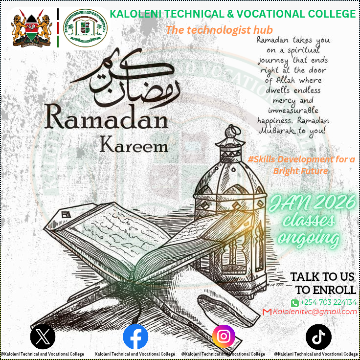 Kalolenitvc's tweet photo. From our KaloleniTVC family to yours, Ramadan Kareem! As the holy month of fasting and reflection begins, we wish all our trainees, trainers, staff, and all communities a season filled with peace, grace, and spiritual growth. Let’s make this a month of sacrifice and kindness. https://t.co/WXViMLGCih