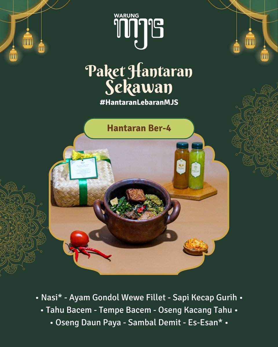 MJSetiabudi's tweet photo. Ramadan sudah dekat 🌙✨ 
Sudah siap kirim Hantaran Ramadan dan Lebaran untuk keluarga tersayang?

Khusus buat kamu Warung MJS hadirkan:
✨Paket Hantaran Sekawan✨
Praktis, lengkap, dan tinggal kirim 💚
Slot kirim terbatas setiap harinya.
#HantaranSekawan #Ramadan https://t.co/NZRtWIz9Xe