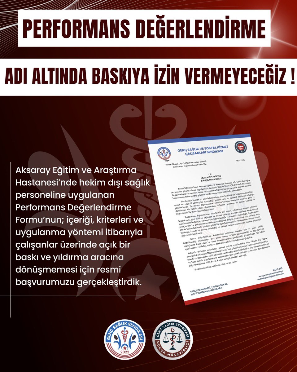 PERFORMANS DEĞERLENDİRME ADI ALTINDA BASKIYA İZİN VERMEYECEĞİZ !

Aksaray Eğitim ve Araştırma Hastanesi’nde hekim dışı sağlık personeline uygulanan Performans Değerlendirme Formu’nun; içeriği, kriterleri ve uygulanma yöntemi itibarıyla çalışanlar üzerinde açık bir baskı ve