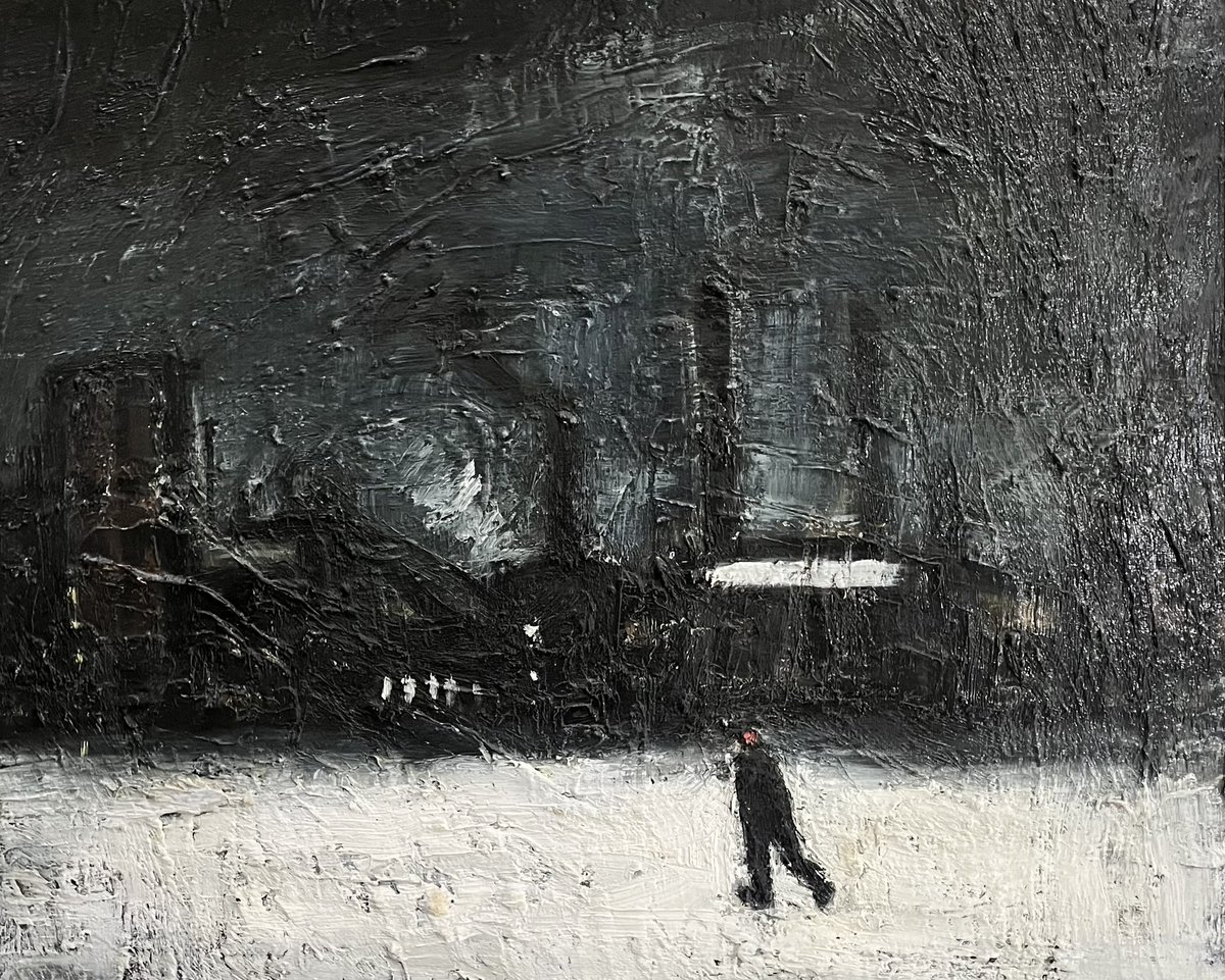 CollectArtLymm's tweet photo. A truly sublime Theodore Major has been added to our website.
This thick impasto painting titled 'Man in Snow under Dark Sky' typically presents the working-class landscape with a raw, uncompromising intensity. 
This has to be one of the best 37" × 30" we've had in the gallery!! https://t.co/wb2fC1AZtT