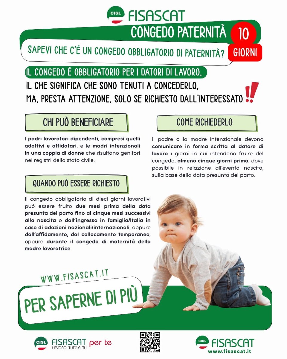 🟢 Lo sapevi che esiste un congedo obbligatorio di paternità? I papà lavoratori dipendenti hanno diritto a 10 giorni di congedo retribuito, da utilizzare nei mesi che precedono o seguono la nascita, l’adozione o l’affidamento. È un diritto garantito dalla legge e il datore di