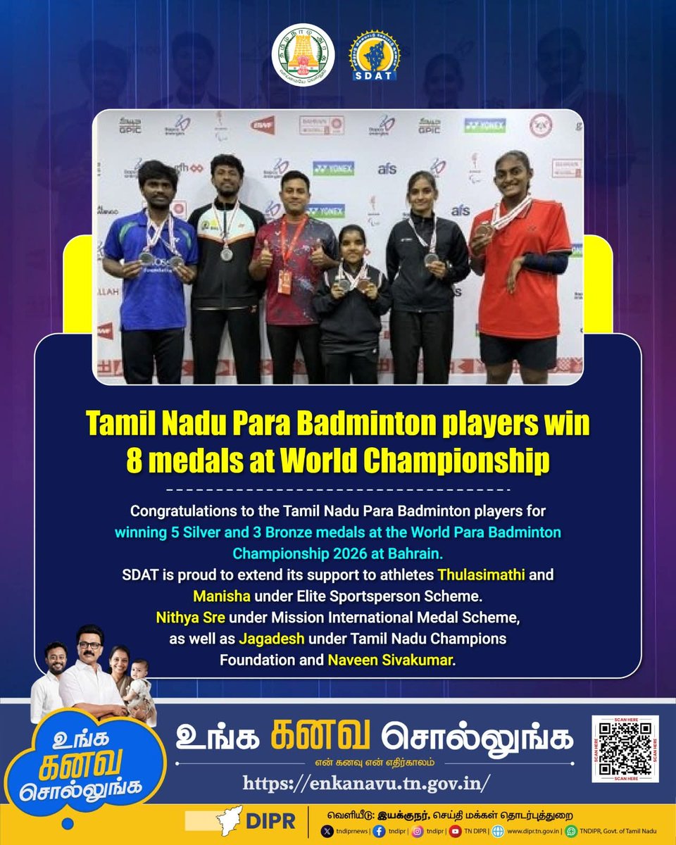 Tamil Nadu Para Badminton players win 8 medals at World Championship!

#TNDIPR #TNMediahub #CMMKStalin #DyCMUdhay #TNGovt #PeoplesGovt #TNGovtSchemes #CMOTamilnadu #peoplecm #TamilNadu