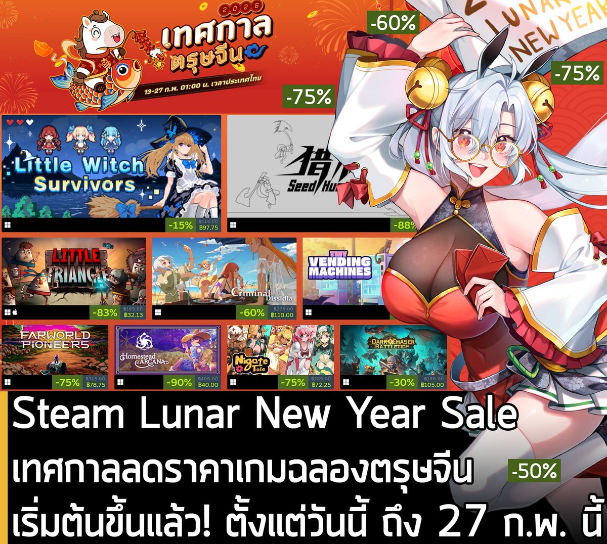[News] Steam Lunar New Year Sale เทศกาลลดราคาเกมฉลองตรุษจีน เริ่มต้นขึ้นแล้ว! ตั้งแต่วันนี้ ถึง 27 ก.พ. นี้
.
ในตอนนี้ Steam Lunar New Year Sale 2026 หรือ เทศกาลลดราคาเกมฉลองตรุษจีน ที่จะเป็นการลดราคาเกมจากผู้พัฒนาหรือผู้จัดจำหน่ายในจีน ก็ได้เริ่มต้นขึ้นแล้วนะครัช